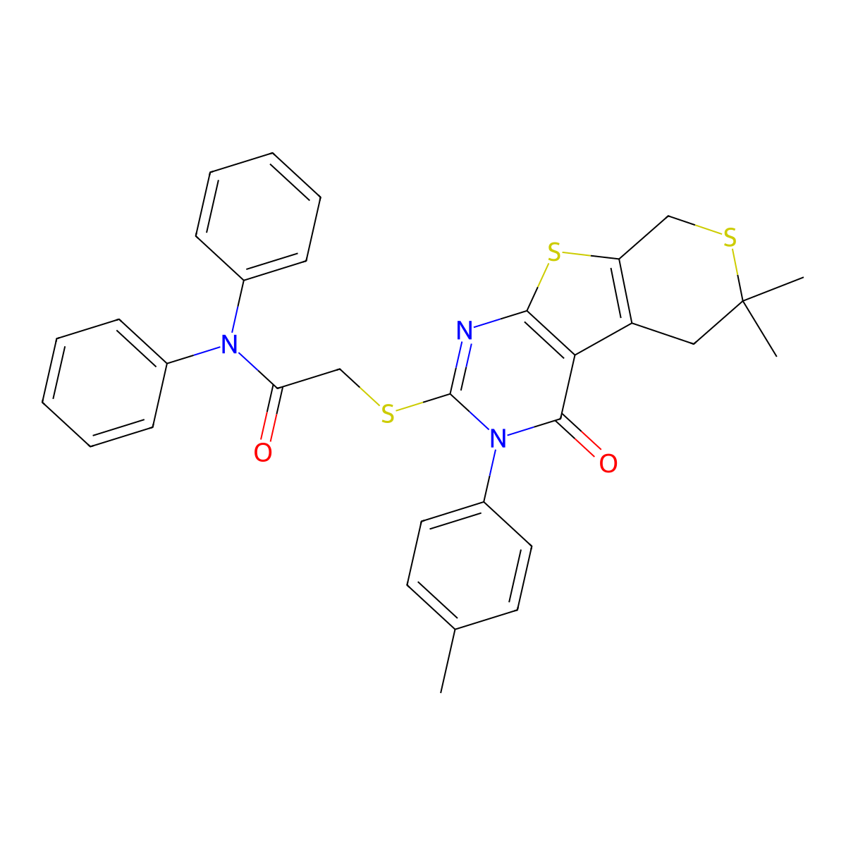 2-{[6,6-dimethyl-3-(4-methylphenyl)-4-oxo-3,5,6,8-tetrahydro-4H-thiopyrano[4',3':4,5]thieno[2,3-d]pyrimidin-2-yl]sulfanyl}-N,N-diphenylacetamide molecular structure, CAS 5660-59-3