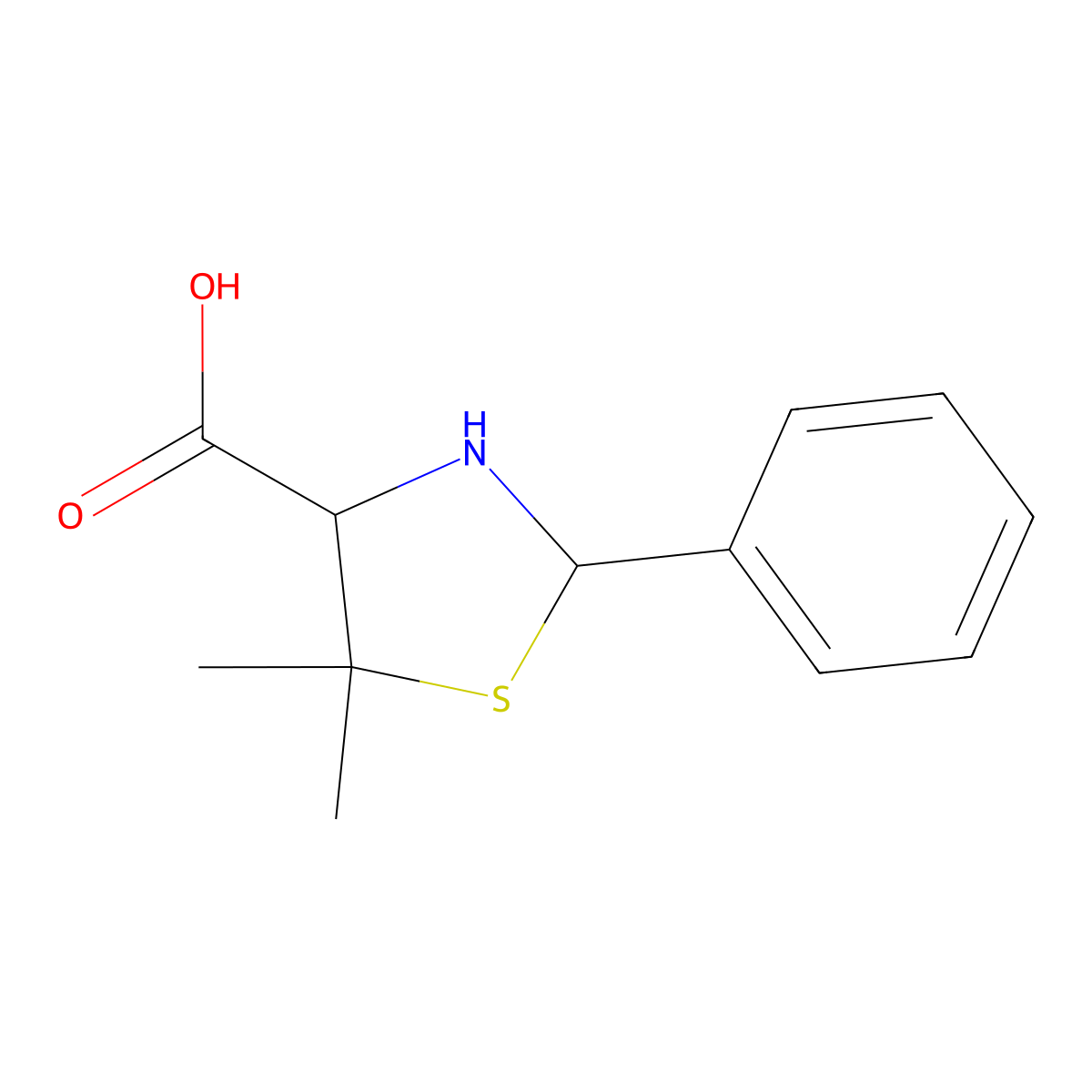 5,5-Dimethyl-2-phenyl-1,3-thiazolidine-4-carboxylic acid molecular structure, CAS 56614-75-6