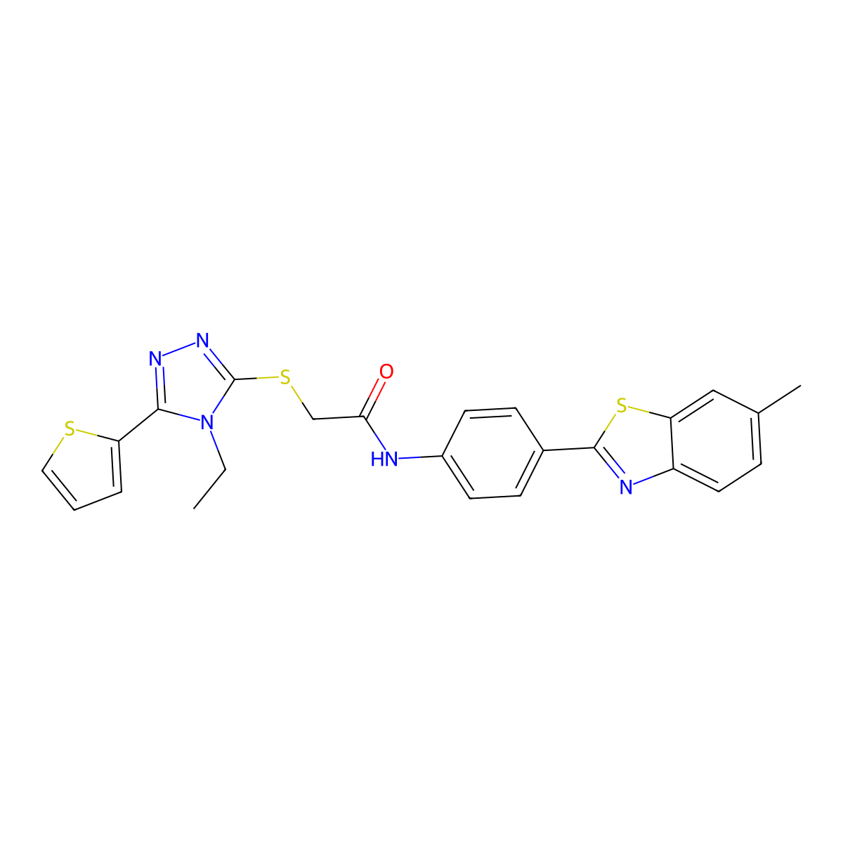 2-{[4-Ethyl-5-(2-thienyl)-4H-1,2,4-triazol-3-yl]sulfanyl}-N-[4-(6-methyl-1,3-benzothiazol-2-yl)phenyl]acetamide molecular structure, CAS 566144-84-1