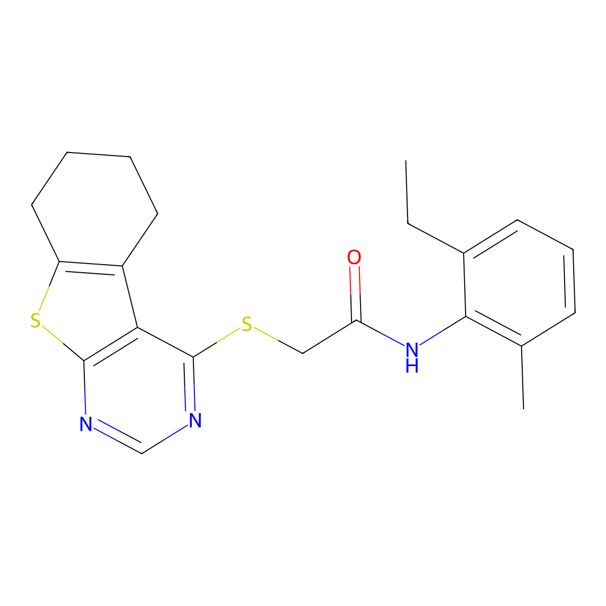 N-(2-ethyl-6-methylphenyl)-2-(5,6,7,8-tetrahydro[1]benzothieno[2,3-d]pyrimidin-4-ylsulfanyl)acetamide molecular structure, CAS 566147-41-9