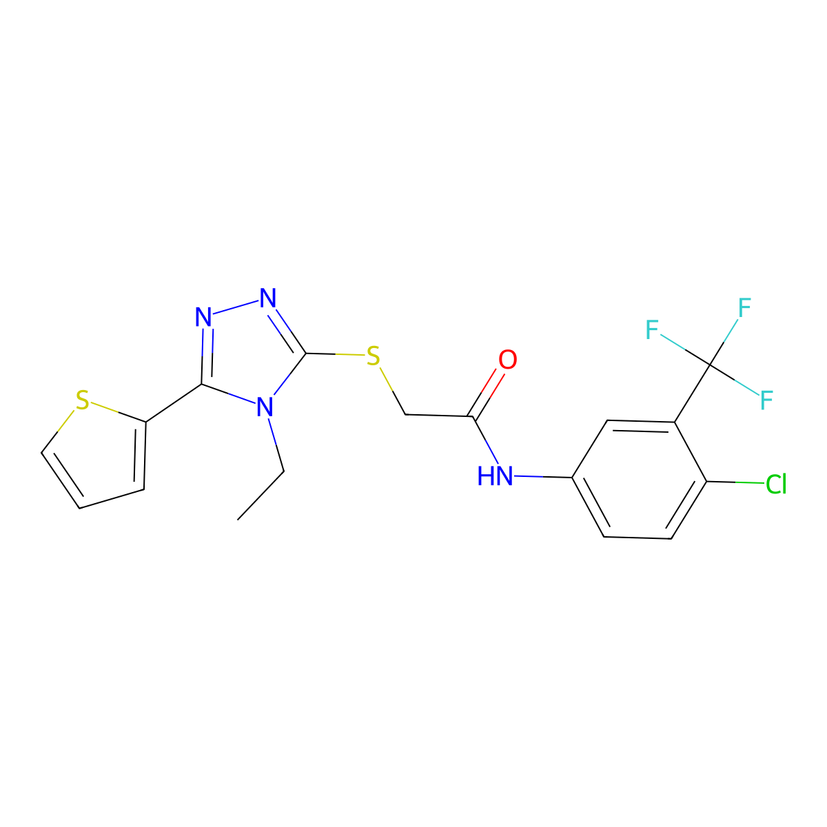 N-(4-Chloro-3-(trifluoromethyl)phenyl)-2-((4-ethyl-5-(2-thienyl)-4H-1,2,4-triazol-3-YL)sulfanyl)acetamide molecular structure, CAS 566188-43-0