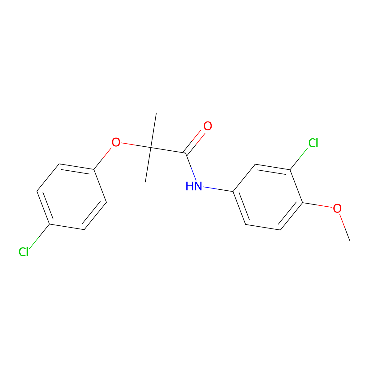 N-(3-chloro-4-methoxyphenyl)-2-(4-chlorophenoxy)-2-methylpropanamide molecular structure, CAS 566191-24-0