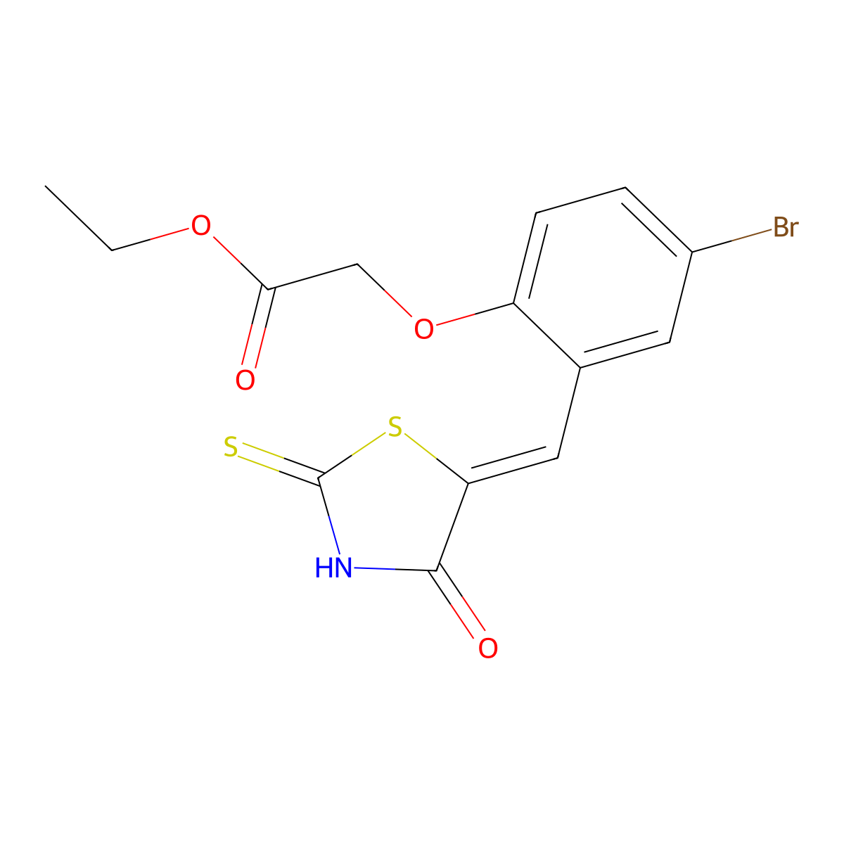Ethyl 2-[4-bromo-2-[(E)-(4-oxo-2-sulfanylidene-thiazolidin-5-ylidene)methyl]phenoxy]acetate molecular structure, CAS 5664-36-8