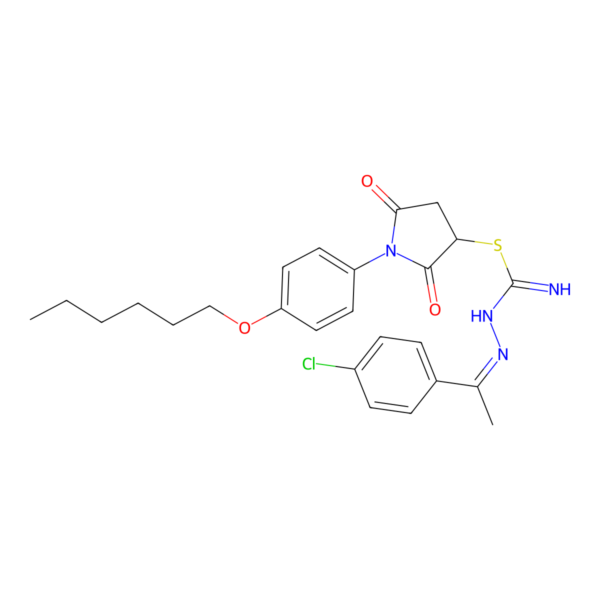 [1-(4-hexoxyphenyl)-2,5-dioxopyrrolidin-3-yl] N'-[1-(4-chlorophenyl)ethylideneamino]carbamimidothioate molecular structure, CAS 5665-59-8