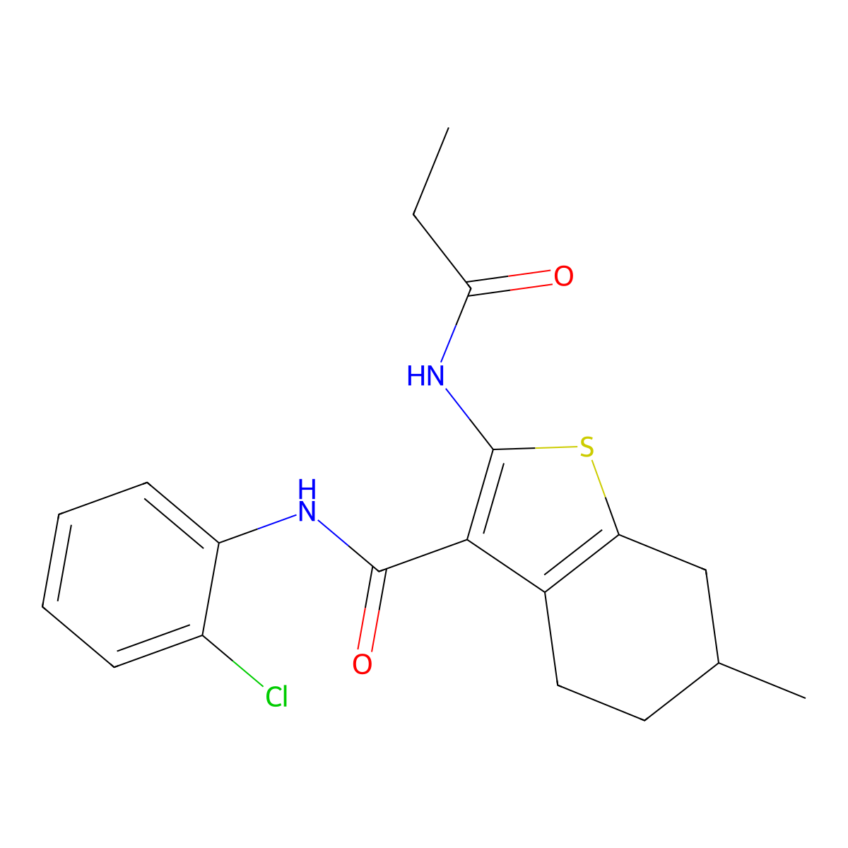 N-(2-chlorophenyl)-6-methyl-2-(propanoylamino)-4,5,6,7-tetrahydro-1-benzothiophene-3-carboxamide molecular structure, CAS 5666-90-0