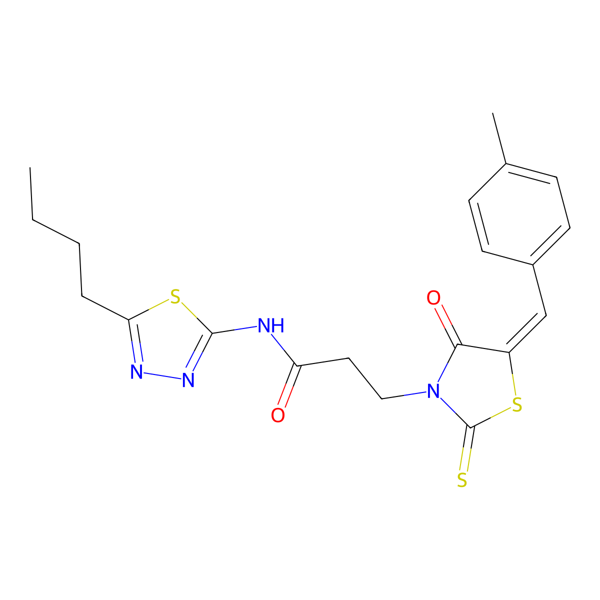 N-(5-Butyl-1,3,4-thiadiazol-2-yl)-3-{5-[(4-methylphenyl)methylidene]-4-oxo-2-sulfanylidene-1,3-thiazolidin-3-yl}propanamide molecular structure, CAS 5667-33-4