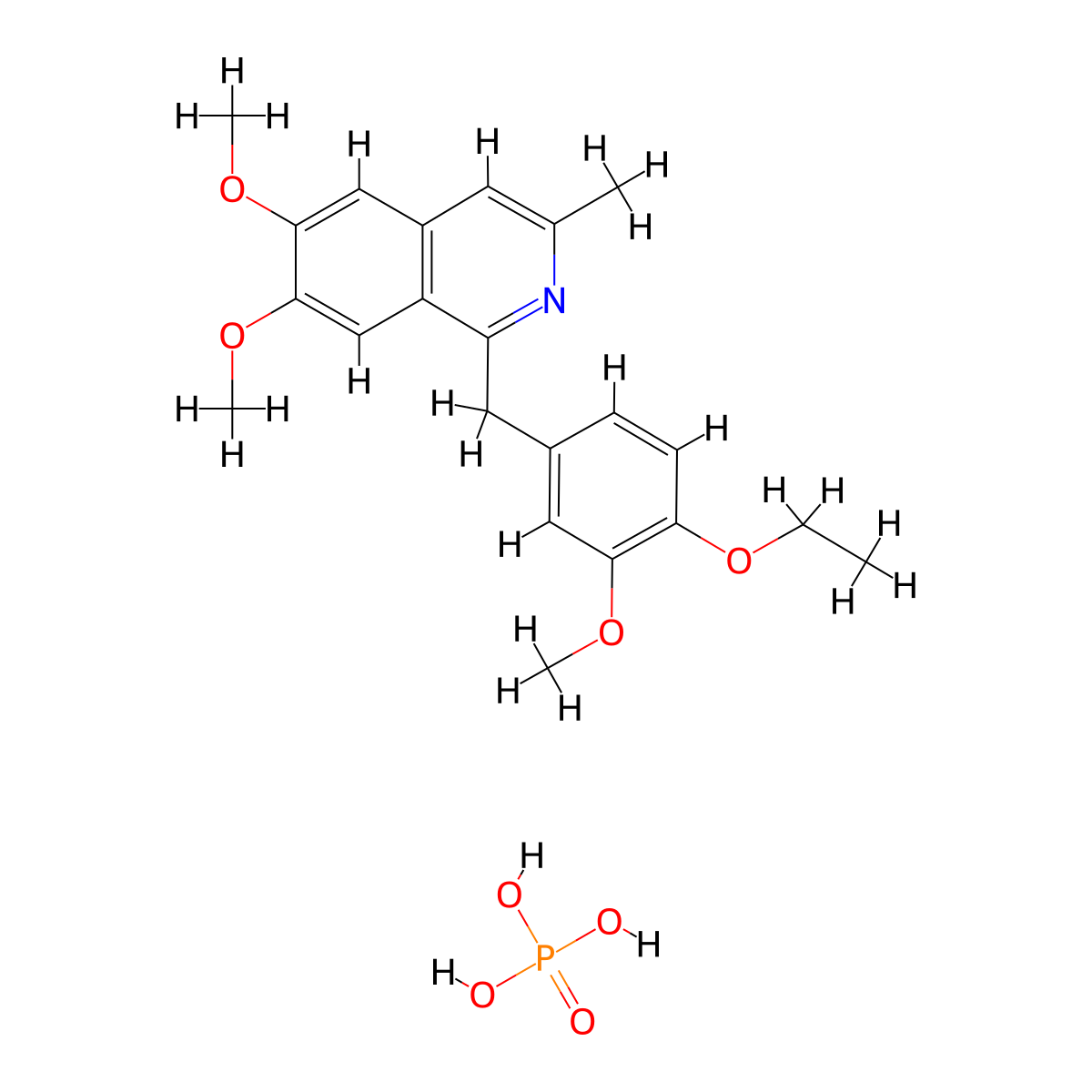 Isoquinoline, 1-((4-ethoxy-3-methoxyphenyl)methyl)-6,7-dimethoxy-3-methyl-, phosphate (1:1) molecular structure, CAS 5667-46-9