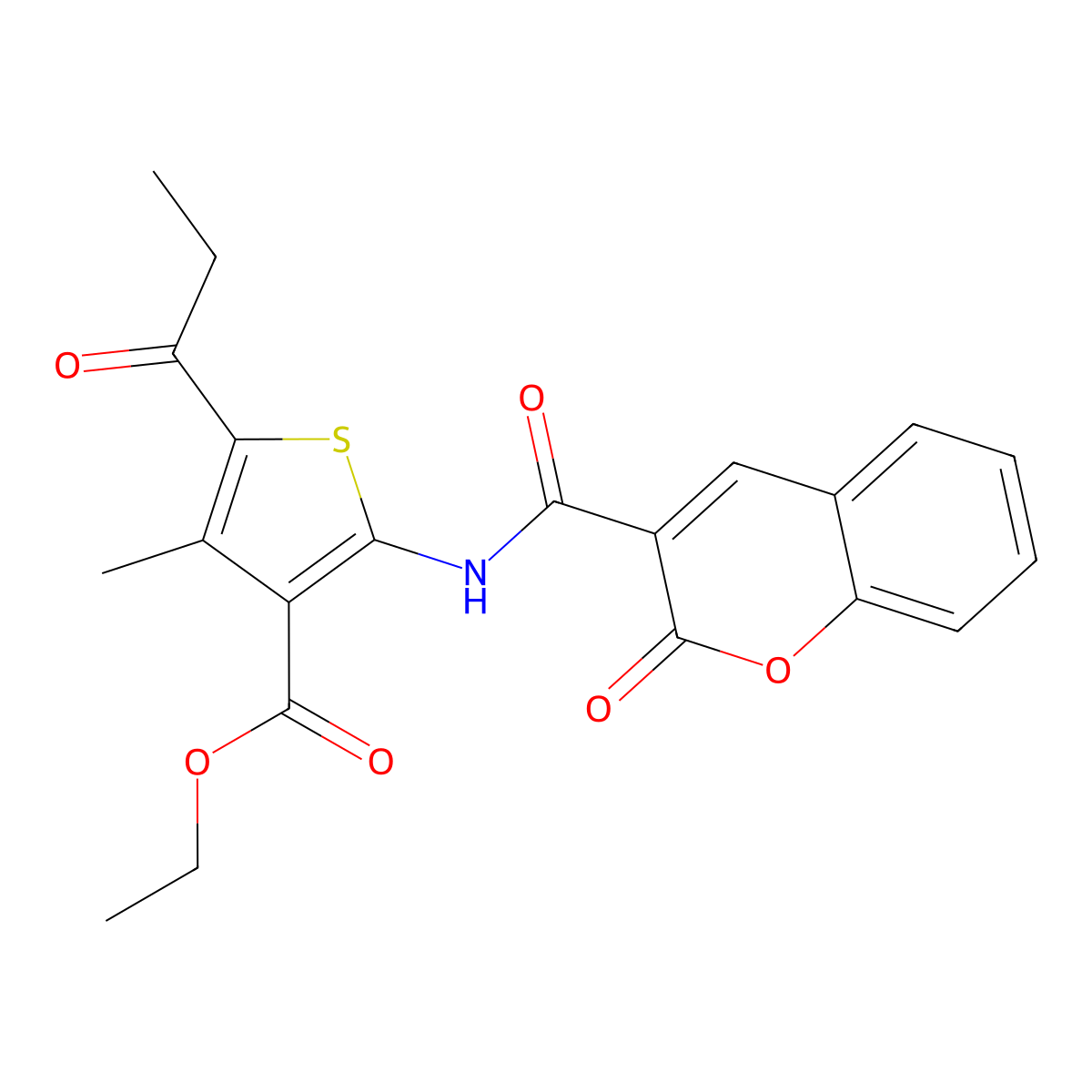 Ethyl 4-methyl-2-[(2-oxochromene-3-carbonyl)amino]-5-propanoyl-thiophene-3-carboxylate molecular structure, CAS 5667-59-4