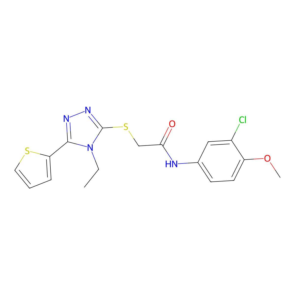 N-(3-Chloro-4-methoxyphenyl)-2-{[4-ethyl-5-(2-thienyl)-4H-1,2,4-triazol-3-YL]sulfanyl}acetamide molecular structure, CAS 566880-27-1