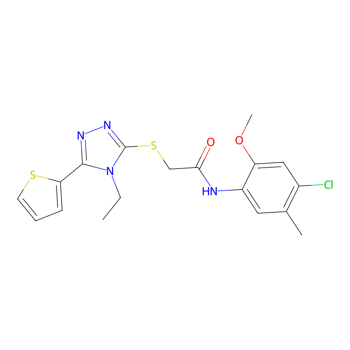 N-(4-Chloro-2-methoxy-5-methylphenyl)-2-{[4-ethyl-5-(2-thienyl)-4H-1,2,4-triazol-3-YL]sulfanyl}acetamide molecular structure, CAS 566881-55-8