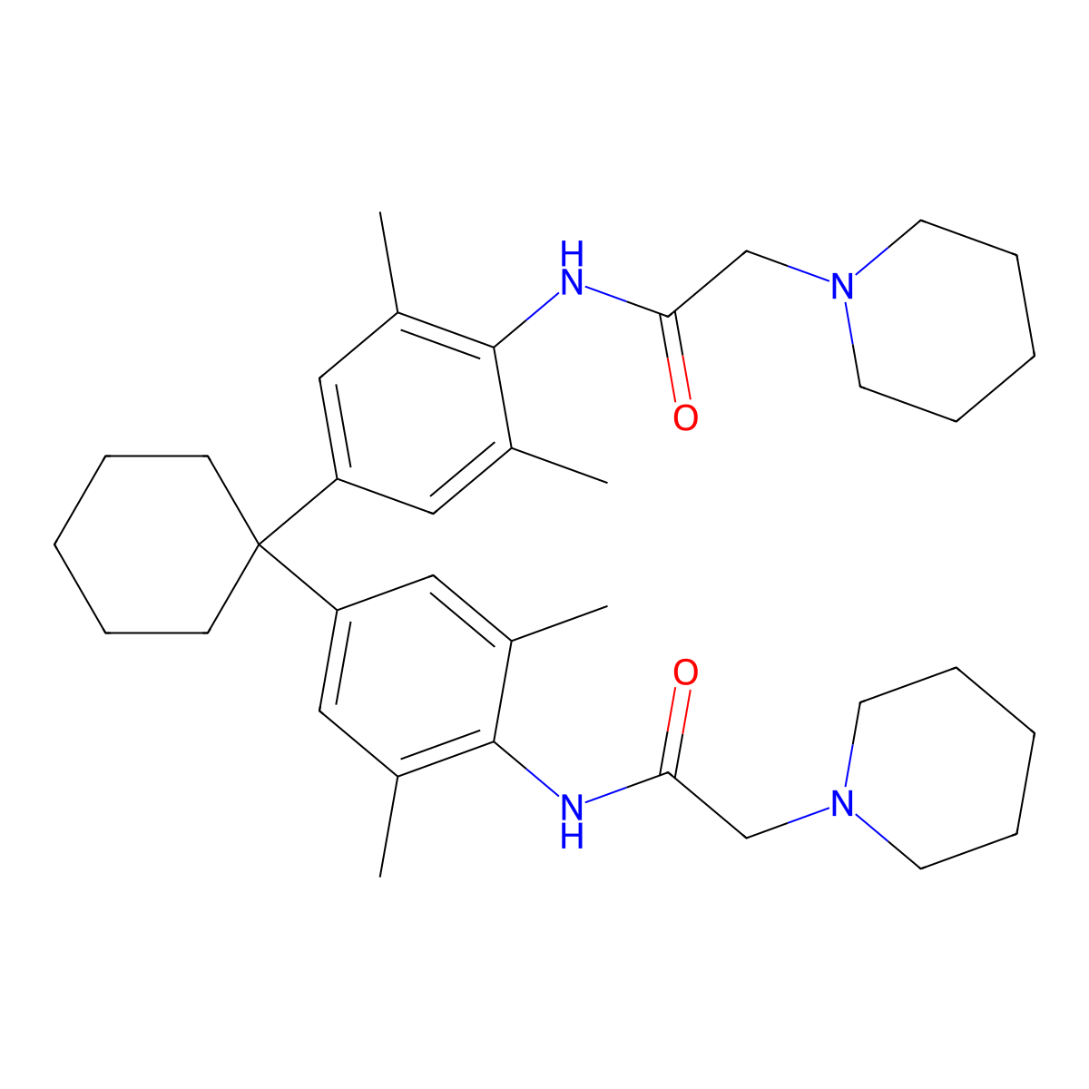 N-[4-[1-[3,5-dimethyl-4-[(2-piperidin-1-ylacetyl)amino]phenyl]cyclohexyl]-2,6-dimethylphenyl]-2-piperidin-1-ylacetamide molecular structure, CAS 5669-25-0