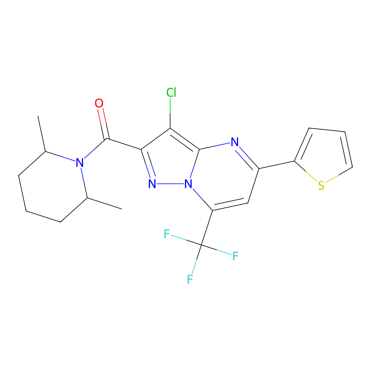 [3-Chloro-5-thiophen-2-yl-7-(trifluoromethyl)pyrazolo[1,5-a]pyrimidin-2-yl]-(2,6-dimethylpiperidin-1-yl)methanone molecular structure, CAS 5670-36-0