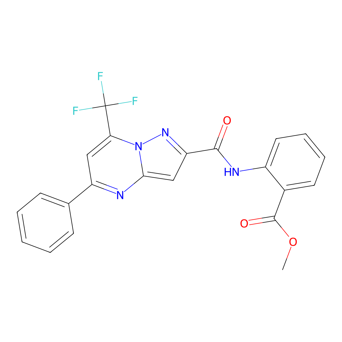 Methyl 2-[[5-phenyl-7-(trifluoromethyl)pyrazolo[1,5-a]pyrimidine-2-carbonyl]amino]benzoate molecular structure, CAS 5672-09-3