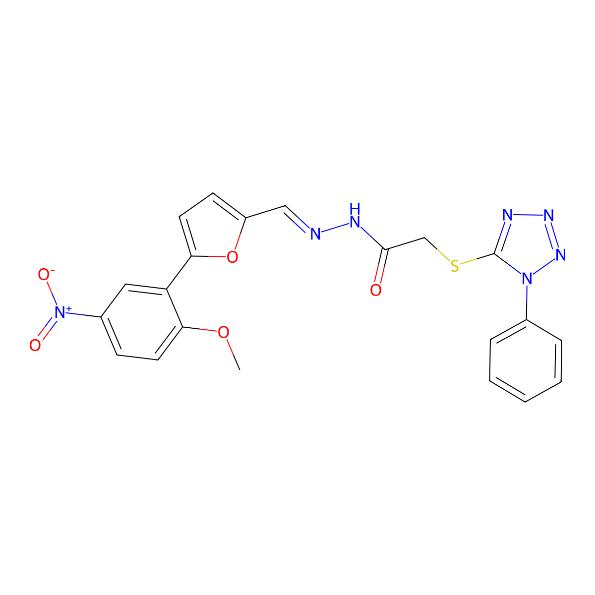 N-[[5-(2-methoxy-5-nitrophenyl)furan-2-yl]methylideneamino]-2-(1-phenyltetrazol-5-yl)sulfanylacetamide molecular structure, CAS 5672-22-0