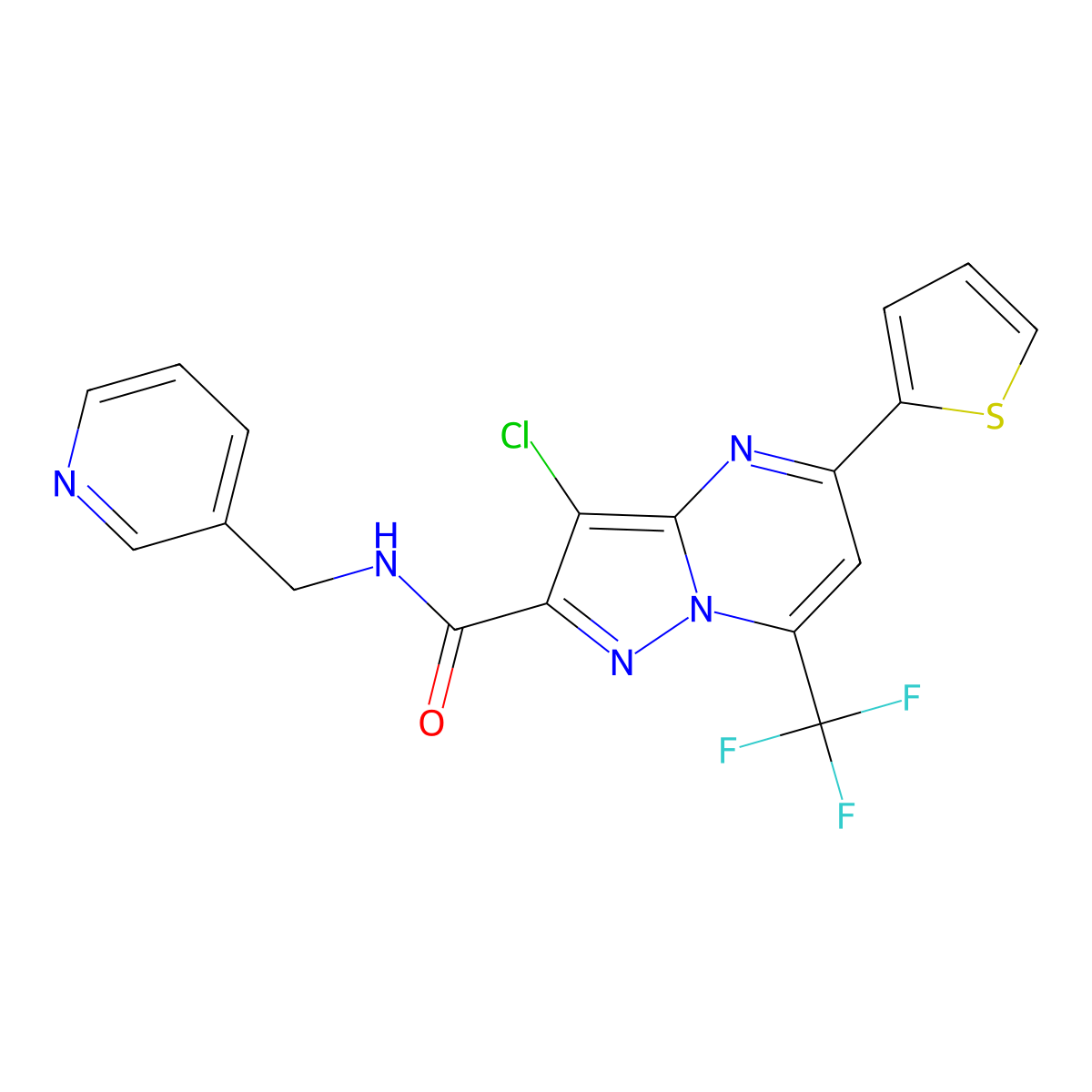 3-chloro-N-(pyridin-3-ylmethyl)-5-thiophen-2-yl-7-(trifluoromethyl)pyrazolo[1,5-a]pyrimidine-2-carboxamide molecular structure, CAS 5673-06-3