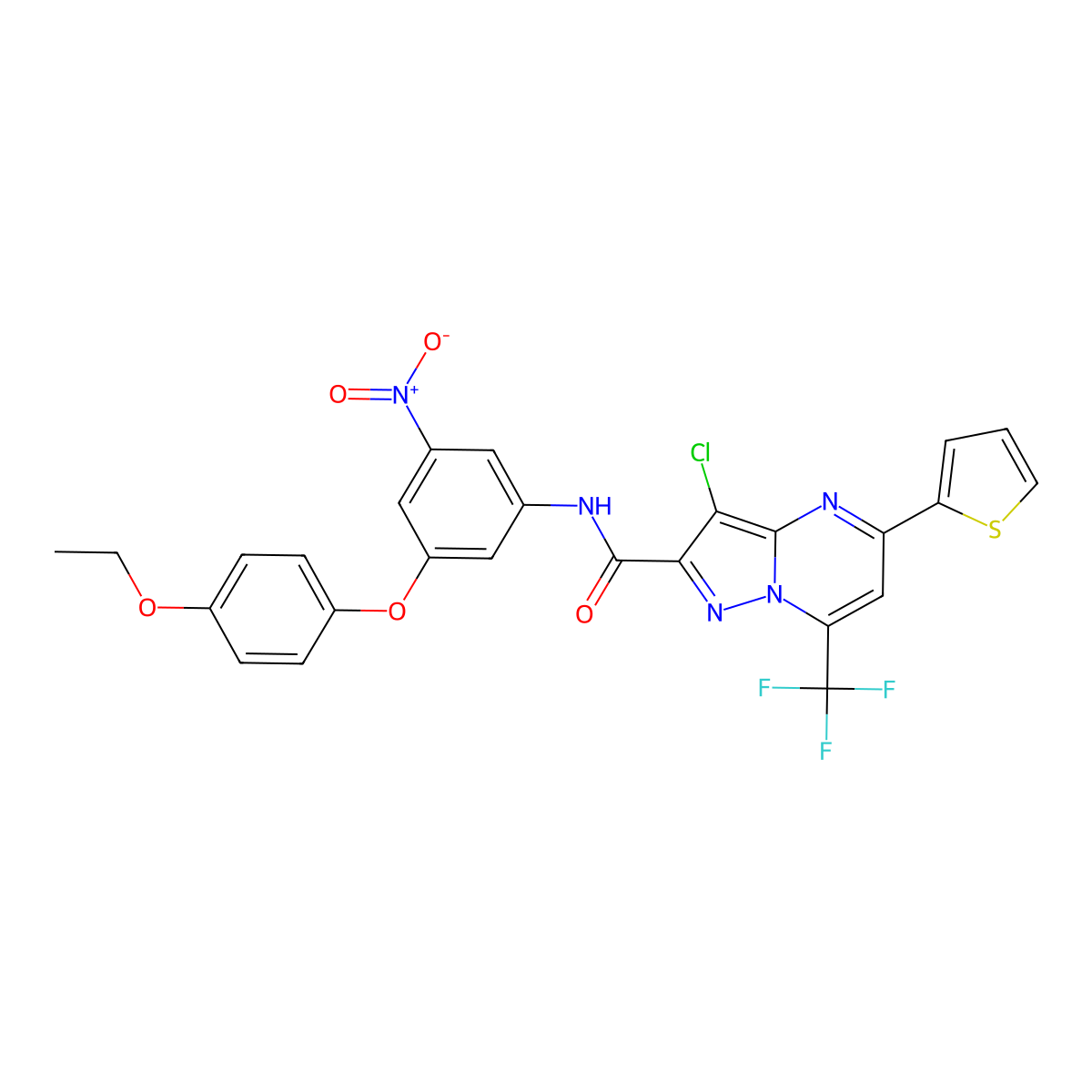 3-chloro-N-[3-(4-ethoxyphenoxy)-5-nitrophenyl]-5-thiophen-2-yl-7-(trifluoromethyl)pyrazolo[1,5-a]pyrimidine-2-carboxamide molecular structure, CAS 5673-65-4
