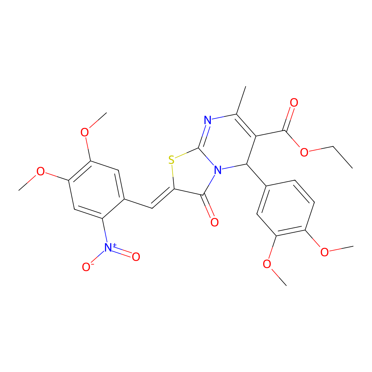 ethyl 2-[(4,5-dimethoxy-2-nitrophenyl)methylidene]-5-(3,4-dimethoxyphenyl)-7-methyl-3-oxo-5H-[1,3]thiazolo[3,2-a]pyrimidine-6-carboxylate molecular structure, CAS 5673-99-4