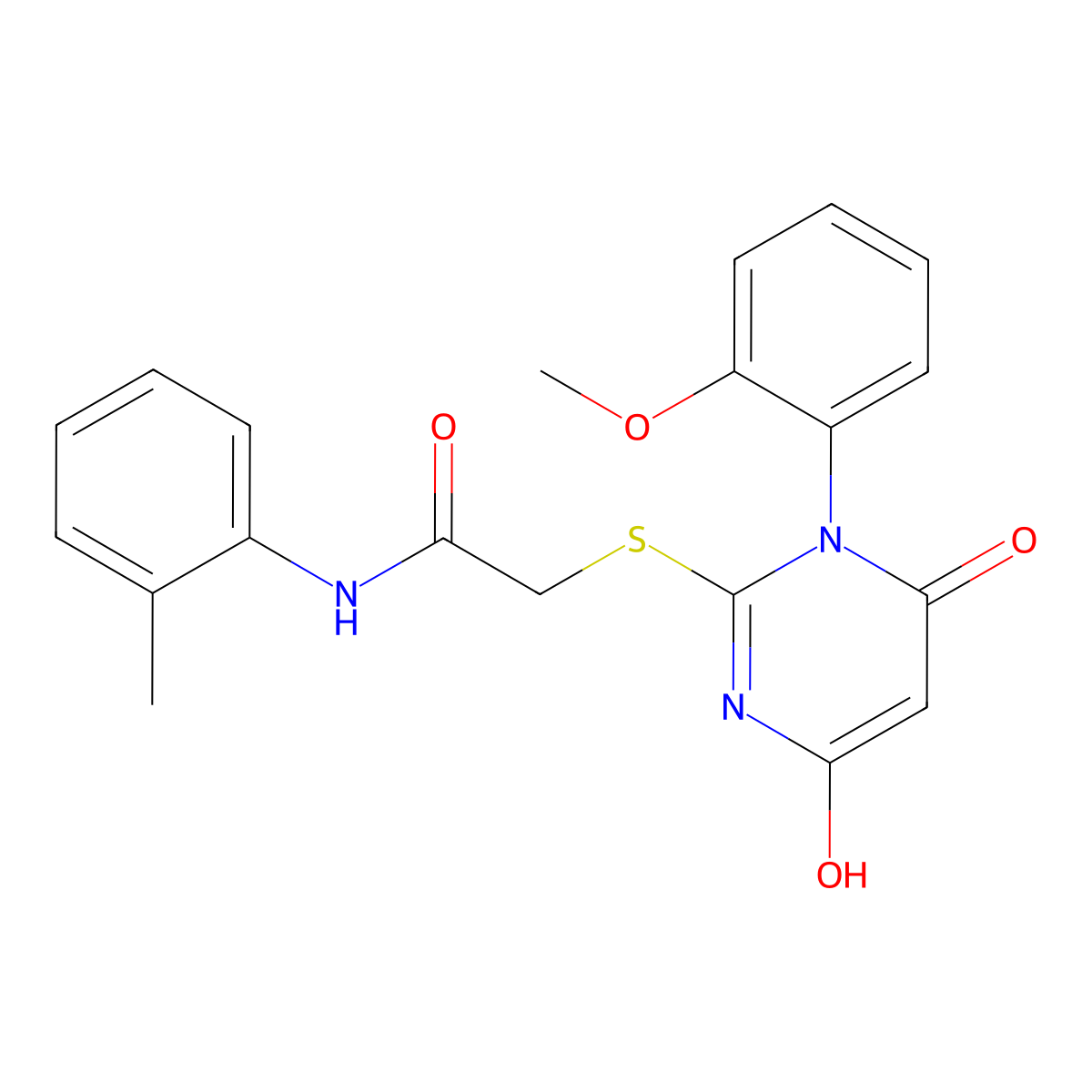 2-{[4-hydroxy-1-(2-methoxyphenyl)-6-oxo-1,6-dihydropyrimidin-2-yl]sulfanyl}-N-(2-methylphenyl)acetamide molecular structure, CAS 5674-36-2