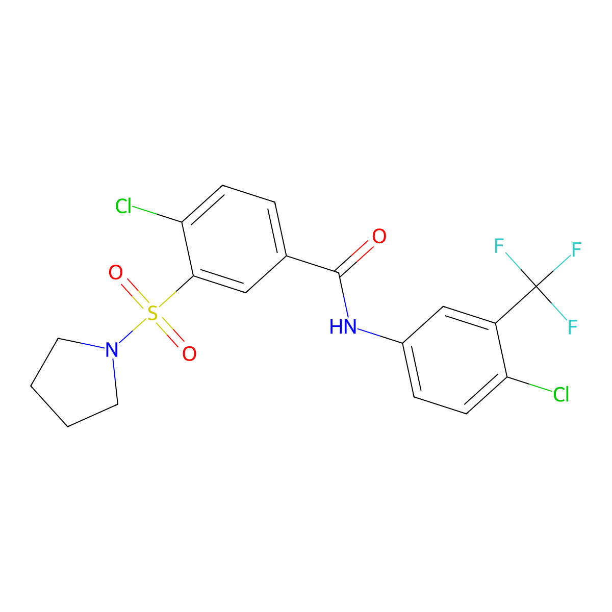 4-chloro-N-[4-chloro-3-(trifluoromethyl)phenyl]-3-(pyrrolidin-1-ylsulfonyl)benzamide molecular structure, CAS 5675-07-0