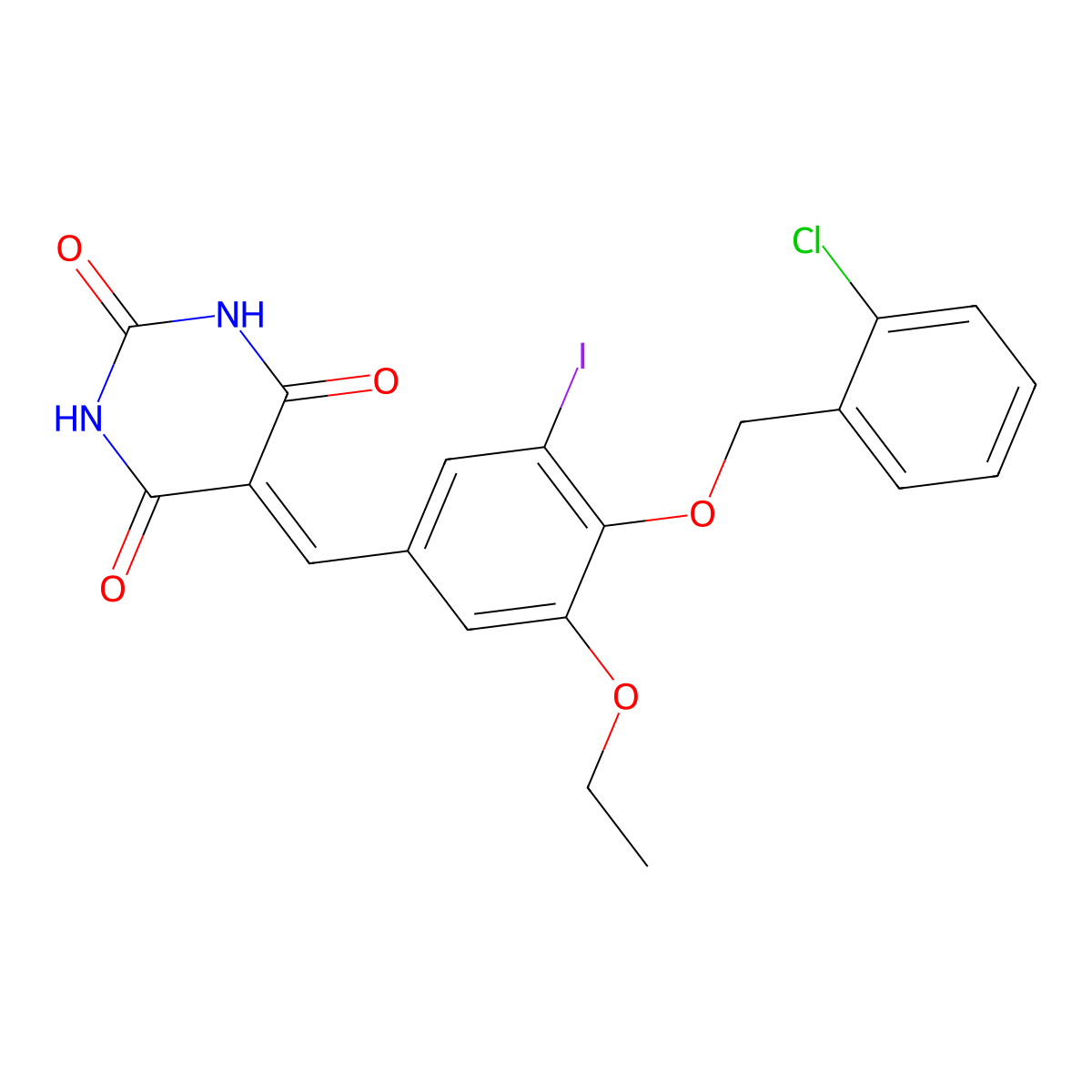 5-[[4-[(2-Chlorophenyl)methoxy]-3-ethoxy-5-iodophenyl]methylidene]-1,3-diazinane-2,4,6-trione molecular structure, CAS 5676-11-9