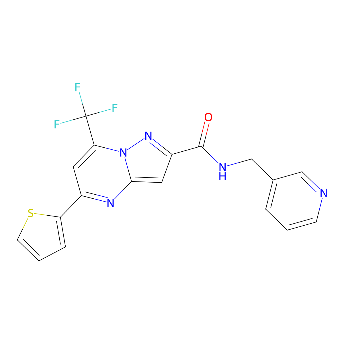 N-(pyridin-3-ylmethyl)-5-thiophen-2-yl-7-(trifluoromethyl)pyrazolo[1,5-a]pyrimidine-2-carboxamide molecular structure, CAS 5677-43-0
