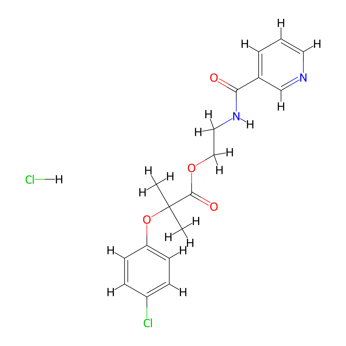 Propanoic acid, 2-(4-chlorophenoxy)-2-methyl-, 2-((3-pyridinylcarbonyl)amino)ethyl ester, hydrochloride (1:1) molecular structure, CAS 56775-92-9