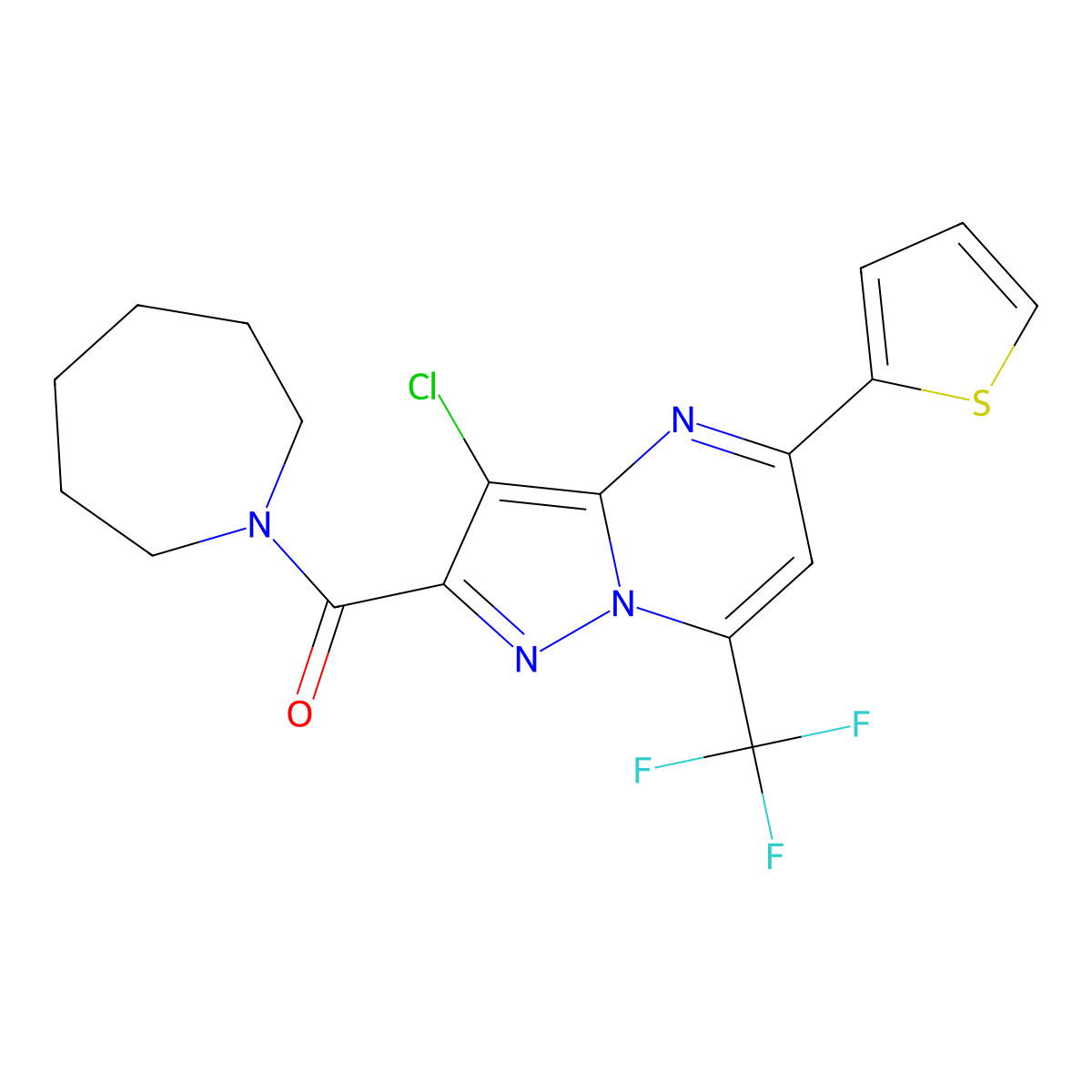 (Azepan-1-yl)[3-chloro-5-(thiophen-2-yl)-7-(trifluoromethyl)pyrazolo[1,5-a]pyrimidin-2-yl]methanone molecular structure, CAS 5678-77-3