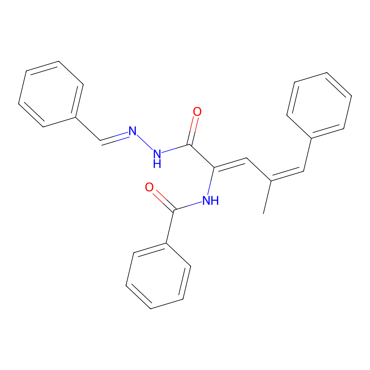 N-[(1Z,3E)-1-[(Benzylideneamino)carbamoyl]-3-methyl-4-phenyl-buta-1,3-dienyl]benzamide molecular structure, CAS 5679-25-4