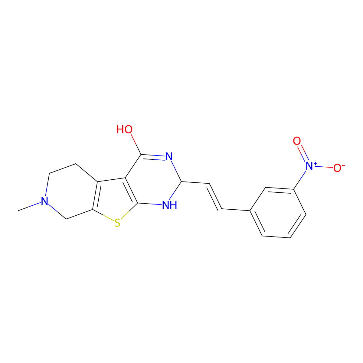 11-Methyl-5-[2-(3-nitrophenyl)ethenyl]-8-thia-4,6,11-triazatricyclo[7.4.0.02,7]trideca-1(9),2(7)-dien-3-one molecular structure, CAS 5679-38-9