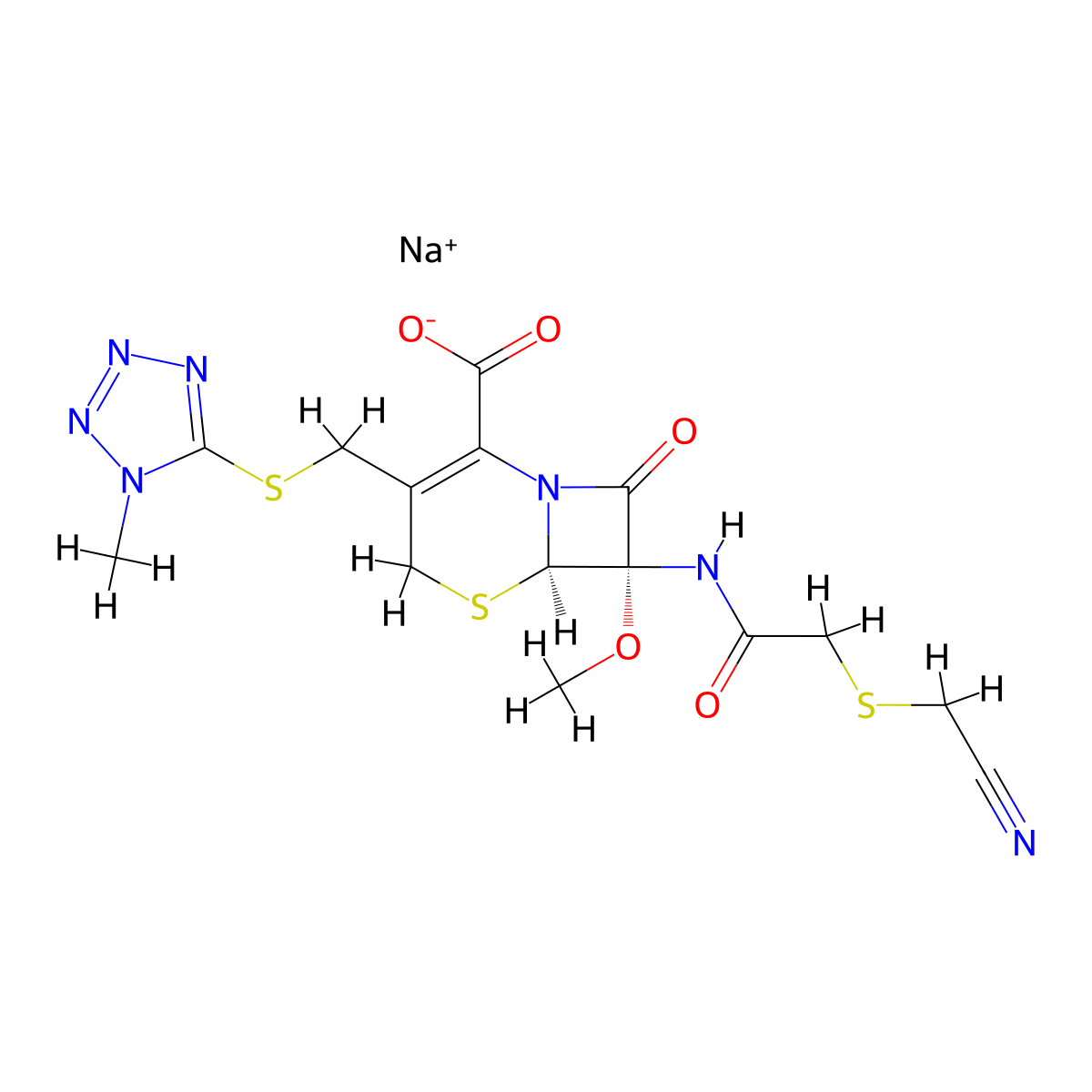 sodium (6R,7S)-7-[[2-(cyanomethylsulfanyl)acetyl]amino]-7-methoxy-3-[(1-methyltetrazol-5-yl)sulfanylmethyl]-8-oxo-5-thia-1-azabicyclo[4.2.0]oct-2-ene-2-carboxylate molecular structure, CAS 56796-39-5