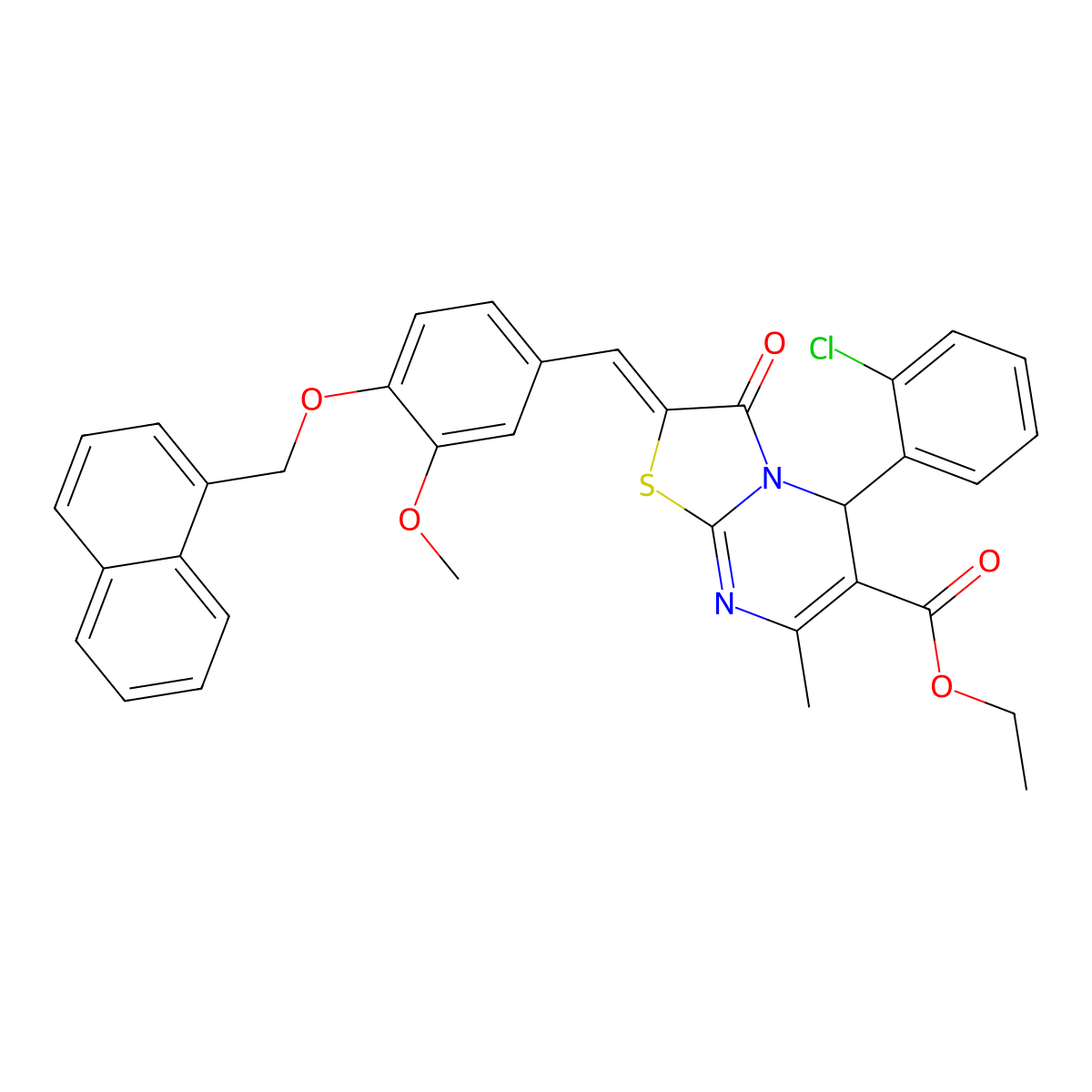 ethyl 5-(2-chlorophenyl)-2-[[3-methoxy-4-(naphthalen-1-ylmethoxy)phenyl]methylidene]-7-methyl-3-oxo-5H-[1,3]thiazolo[3,2-a]pyrimidine-6-carboxylate molecular structure, CAS 5680-88-6