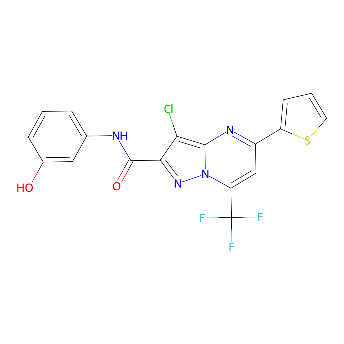 3-chloro-N-(3-hydroxyphenyl)-5-(thiophen-2-yl)-7-(trifluoromethyl)pyrazolo[1,5-a]pyrimidine-2-carboxamide molecular structure, CAS 5681-29-8