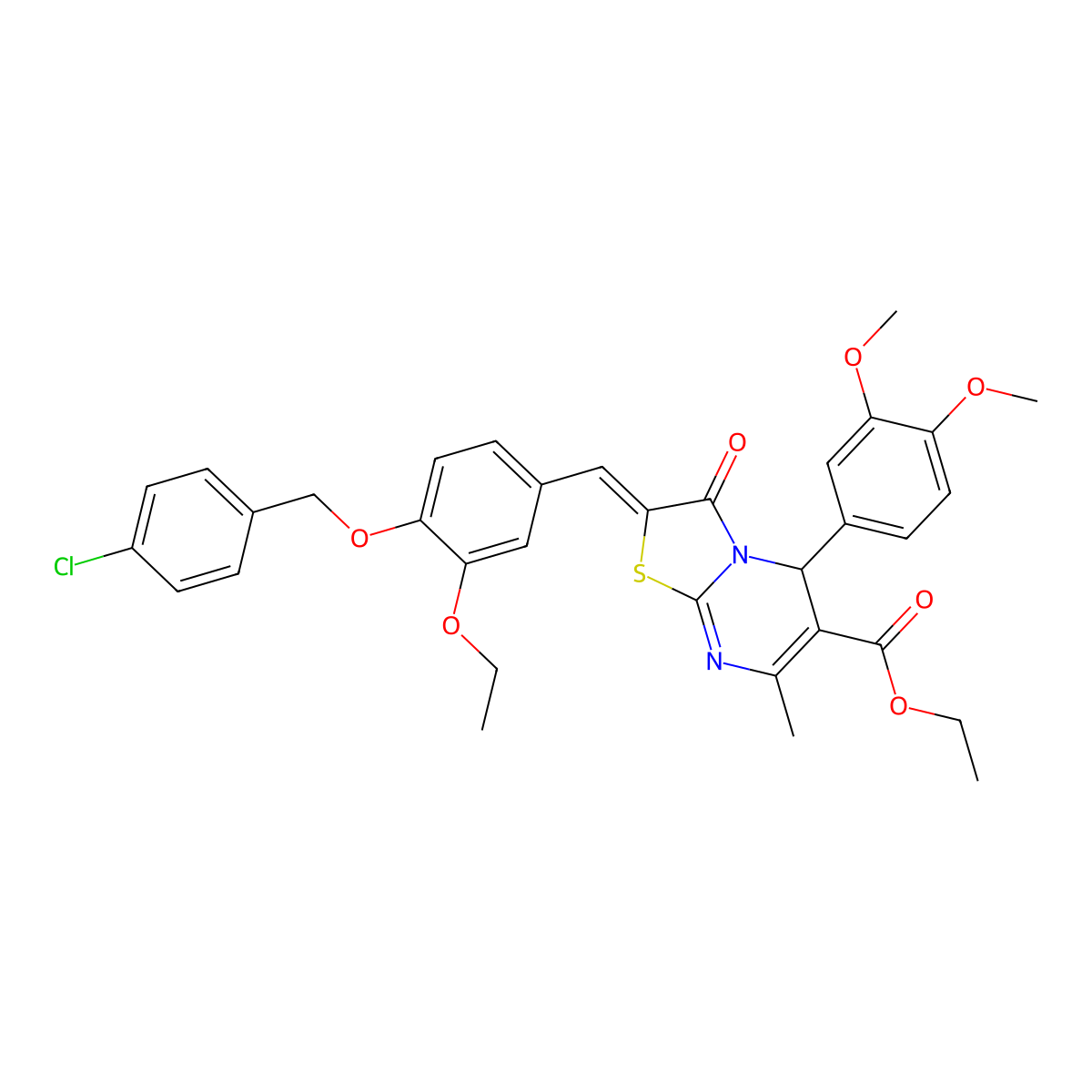 ethyl 2-[[4-[(4-chlorophenyl)methoxy]-3-ethoxyphenyl]methylidene]-5-(3,4-dimethoxyphenyl)-7-methyl-3-oxo-5H-[1,3]thiazolo[3,2-a]pyrimidine-6-carboxylate molecular structure, CAS 5681-35-6