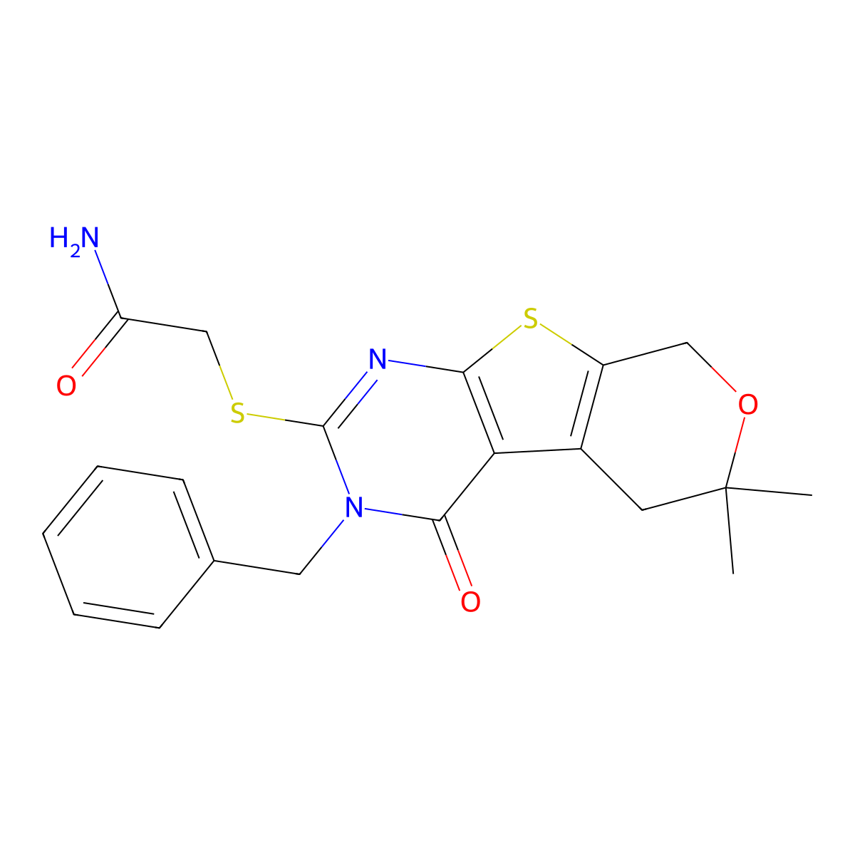 2-[(3-benzyl-6,6-dimethyl-4-oxo-3,5,6,8-tetrahydro-4H-pyrano[4',3':4,5]thieno[2,3-d]pyrimidin-2-yl)sulfanyl]acetamide molecular structure, CAS 5683-84-1