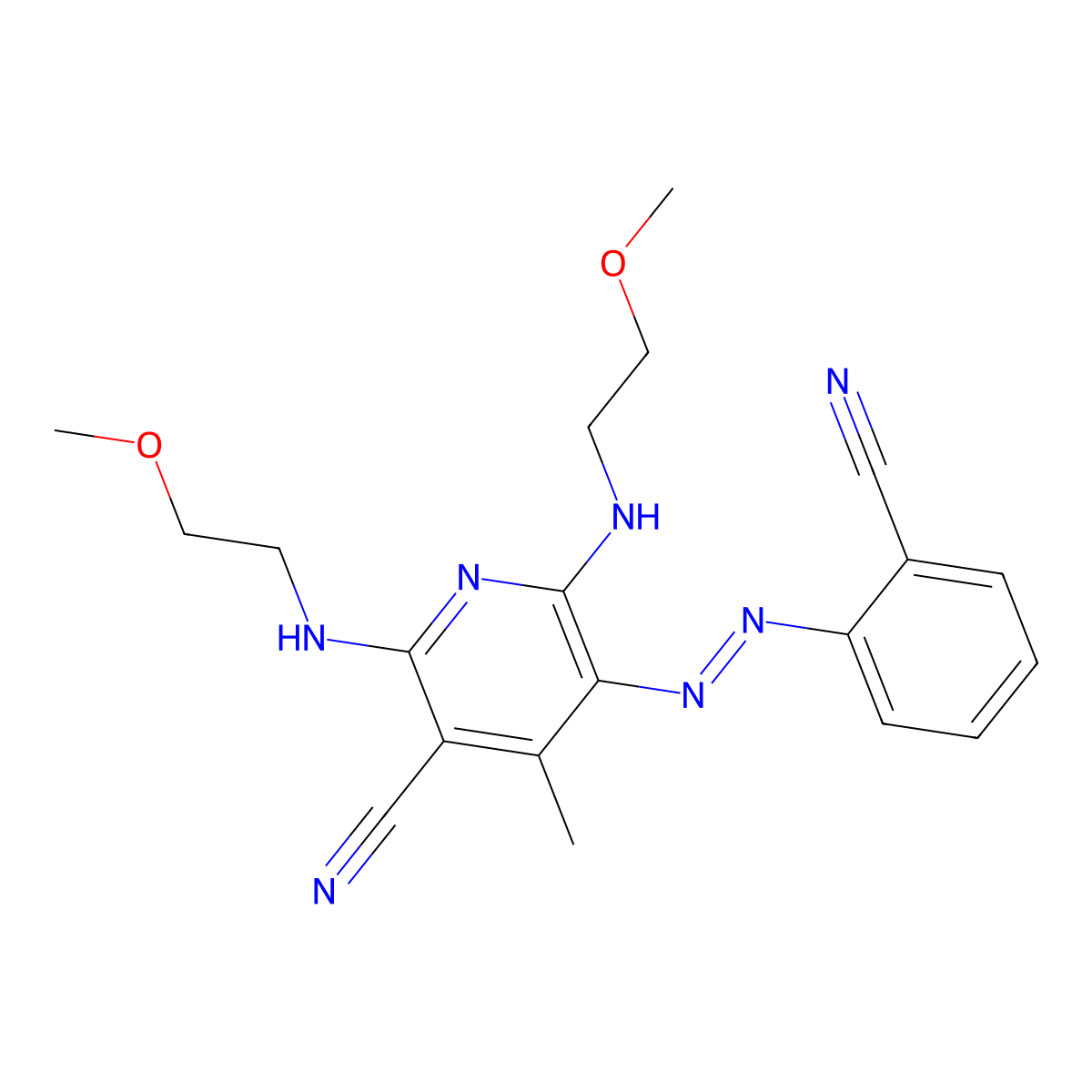 3-Pyridinecarbonitrile, 5-(2-(2-cyanophenyl)diazenyl)-2,6-bis((2-methoxyethyl)amino)-4-methyl- molecular structure, CAS 56842-61-6