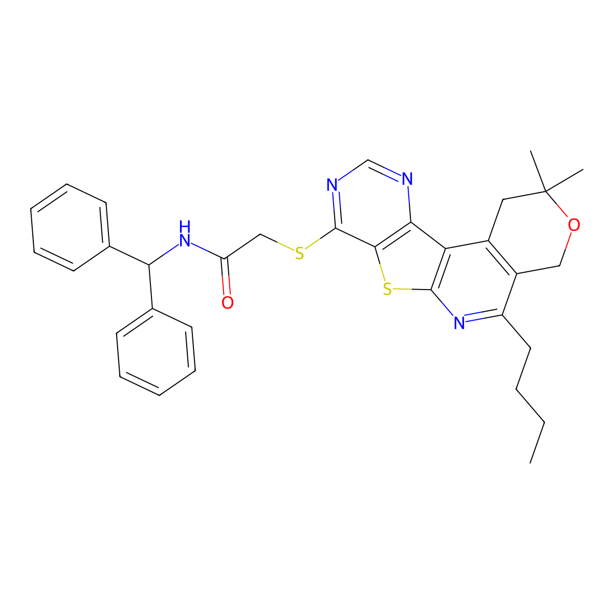 2-[(5-butyl-2,2-dimethyl-1,4-dihydro-2H-pyrano[4'',3'':4',5']pyrido[3',2':4,5]thieno[3,2-d]pyrimidin-8-yl)sulfanyl]-N-(diphenylmethyl)acetamide molecular structure, CAS 5685-88-1
