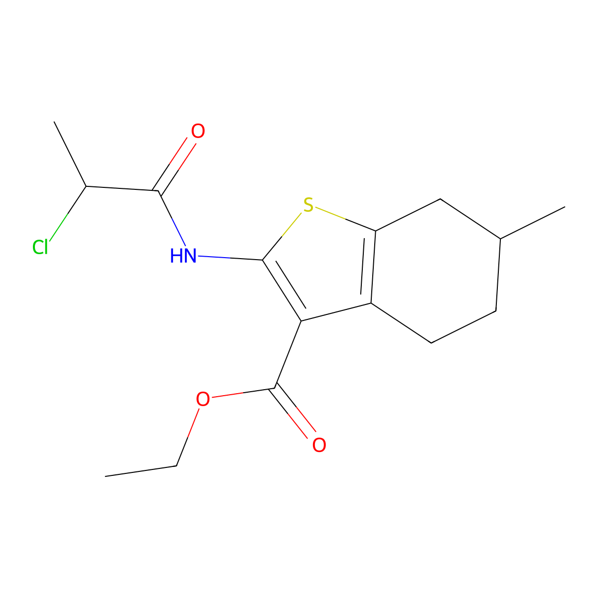 Ethyl 2-(2-chloropropanamido)-6-methyl-4,5,6,7-tetrahydro-1-benzothiophene-3-carboxylate molecular structure, CAS 568544-05-8