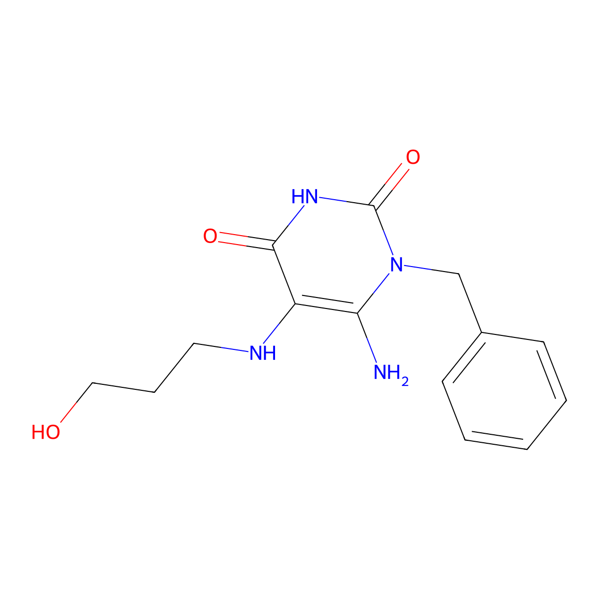 6-Amino-1-benzyl-5-((3-hydroxypropyl)amino)-1,2,3,4-tetrahydropyrimidine-2,4-dione molecular structure, CAS 568544-08-1