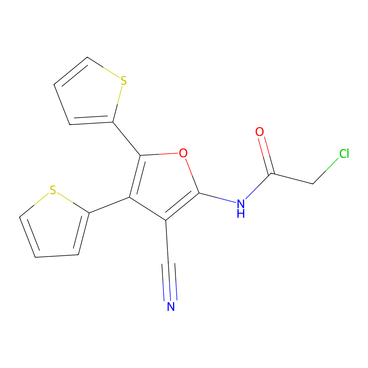 2-chloro-N-(3-cyano-4,5-bis(thiophen-2-yl)furan-2-yl)acetamide molecular structure, CAS 568551-24-6