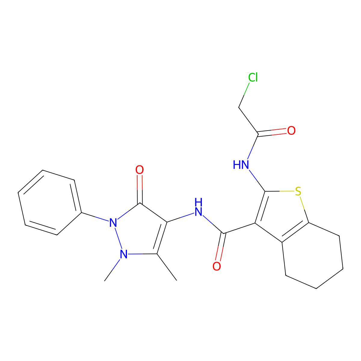 2-(2-chloroacetamido)-N-(1,5-dimethyl-3-oxo-2-phenyl-2,3-dihydro-1H-pyrazol-4-yl)-4,5,6,7-tetrahydro-1-benzothiophene-3-carboxamide molecular structure, CAS 568551-65-5
