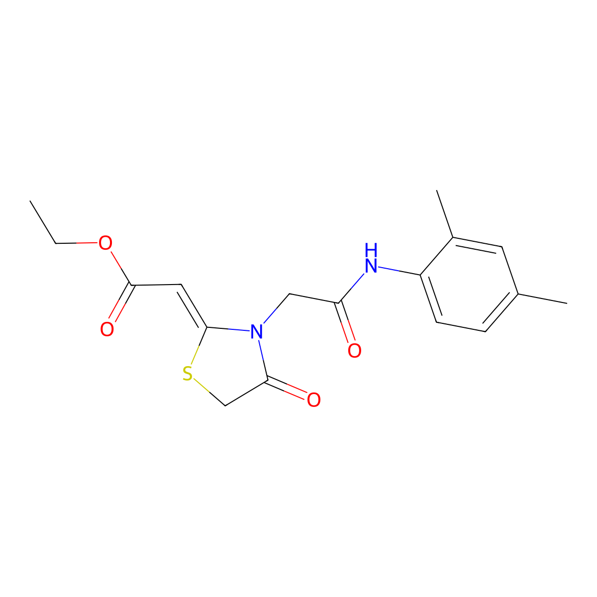 ethyl (2Z)-2-[3-[2-(2,4-dimethylanilino)-2-oxoethyl]-4-oxo-1,3-thiazolidin-2-ylidene]acetate molecular structure, CAS 568552-90-9