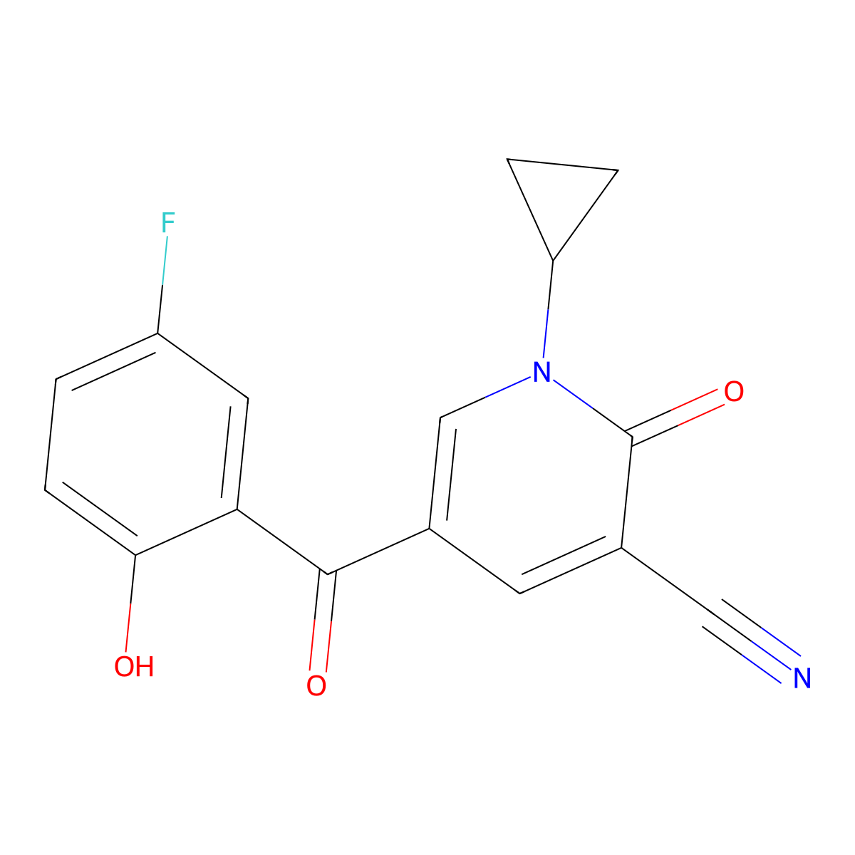 1-Cyclopropyl-5-(5-fluoro-2-hydroxybenzoyl)-2-oxo-1,2-dihydropyridine-3-carbonitrile molecular structure, CAS 568553-93-5