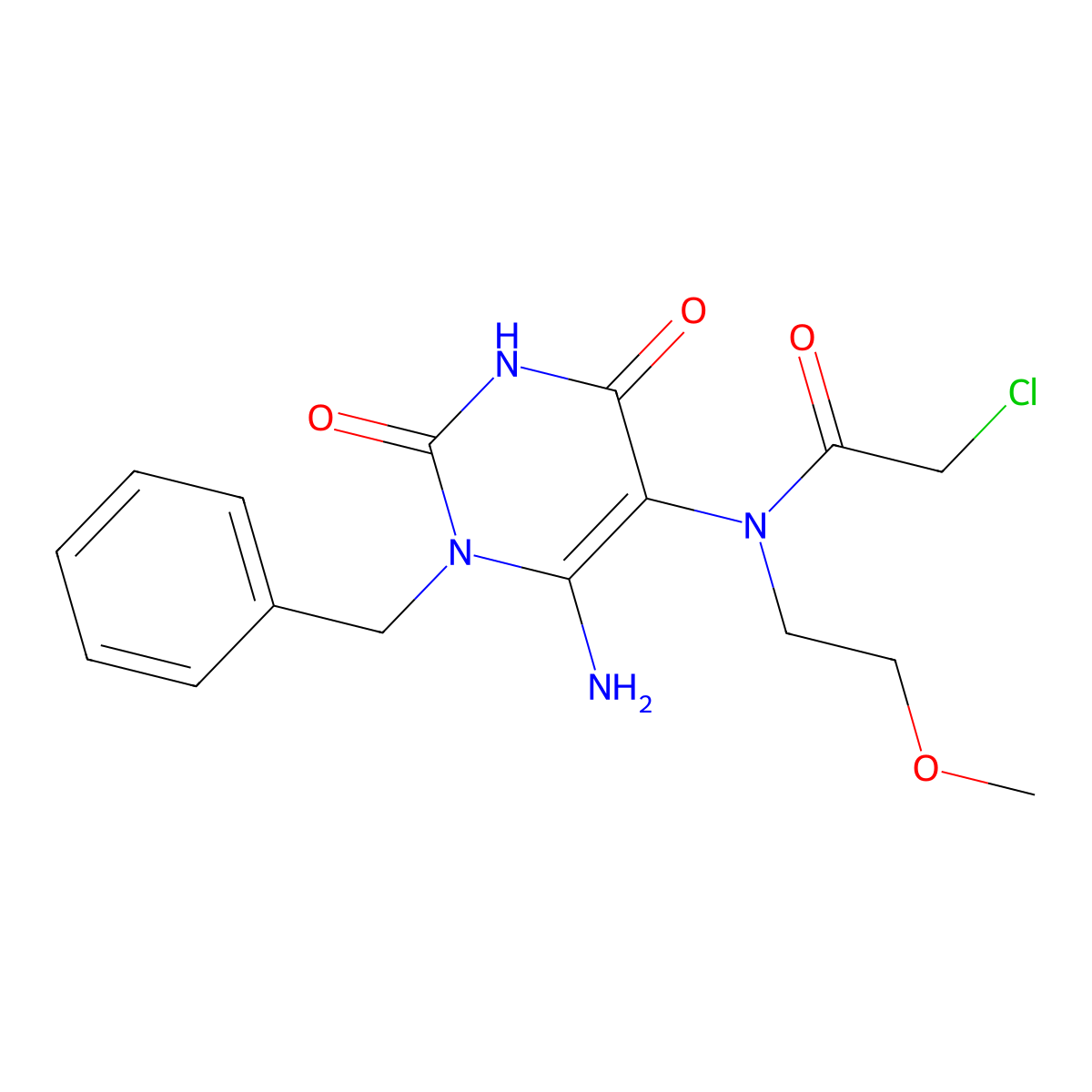 N-(6-amino-1-benzyl-2,4-dioxo-1,2,3,4-tetrahydropyrimidin-5-yl)-2-chloro-N-(2-methoxyethyl)acetamide molecular structure, CAS 568555-81-7