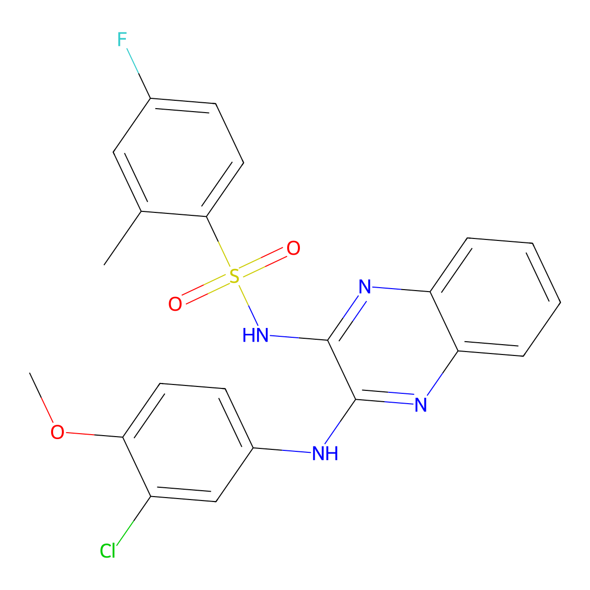 N-{3-[(3-chloro-4-methoxyphenyl)amino]quinoxalin-2-yl}-4-fluoro-2-methylbenzene-1-sulfonamide molecular structure, CAS 568557-22-2