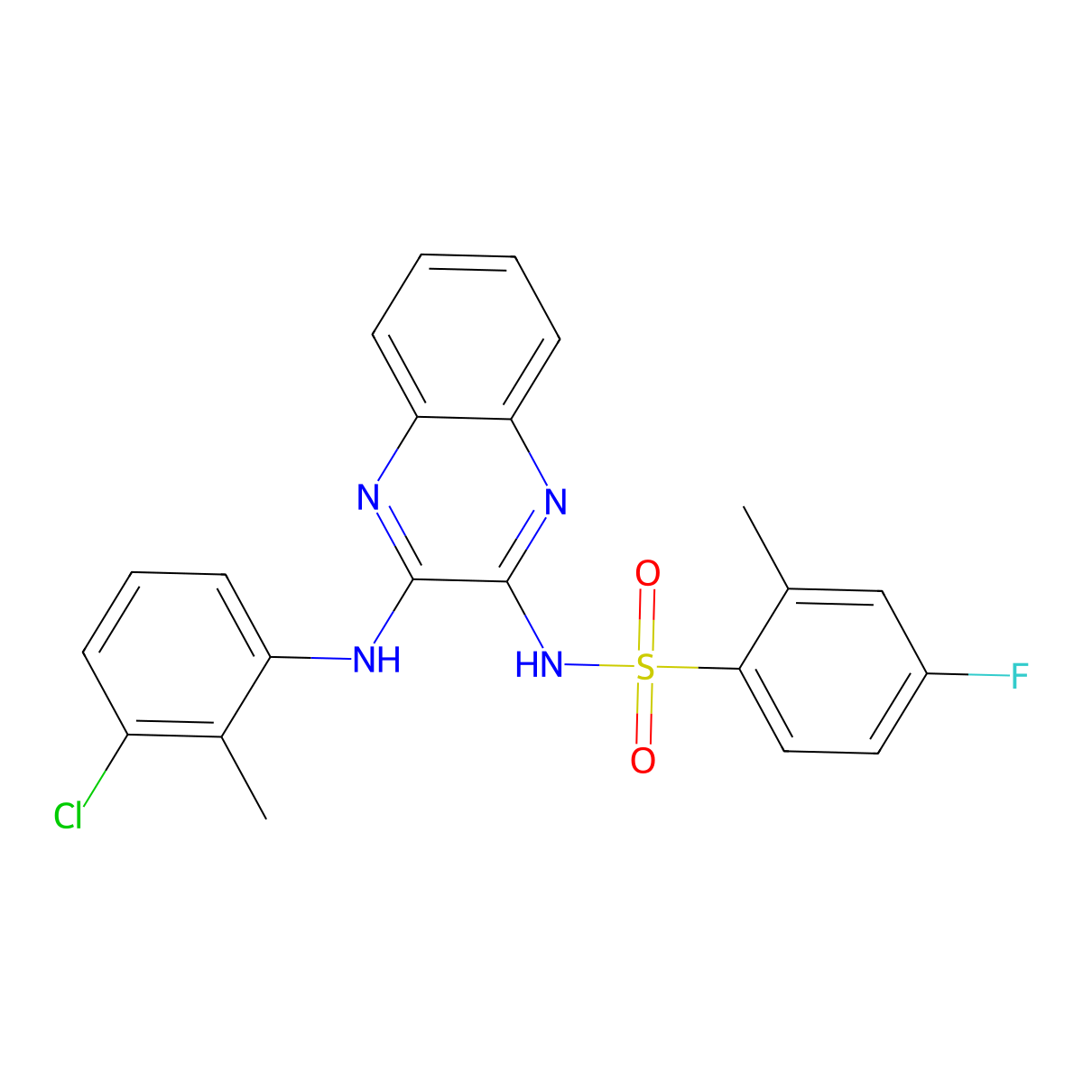 N-{3-[(3-chloro-2-methylphenyl)amino]quinoxalin-2-yl}-4-fluoro-2-methylbenzene-1-sulfonamide molecular structure, CAS 568557-26-6