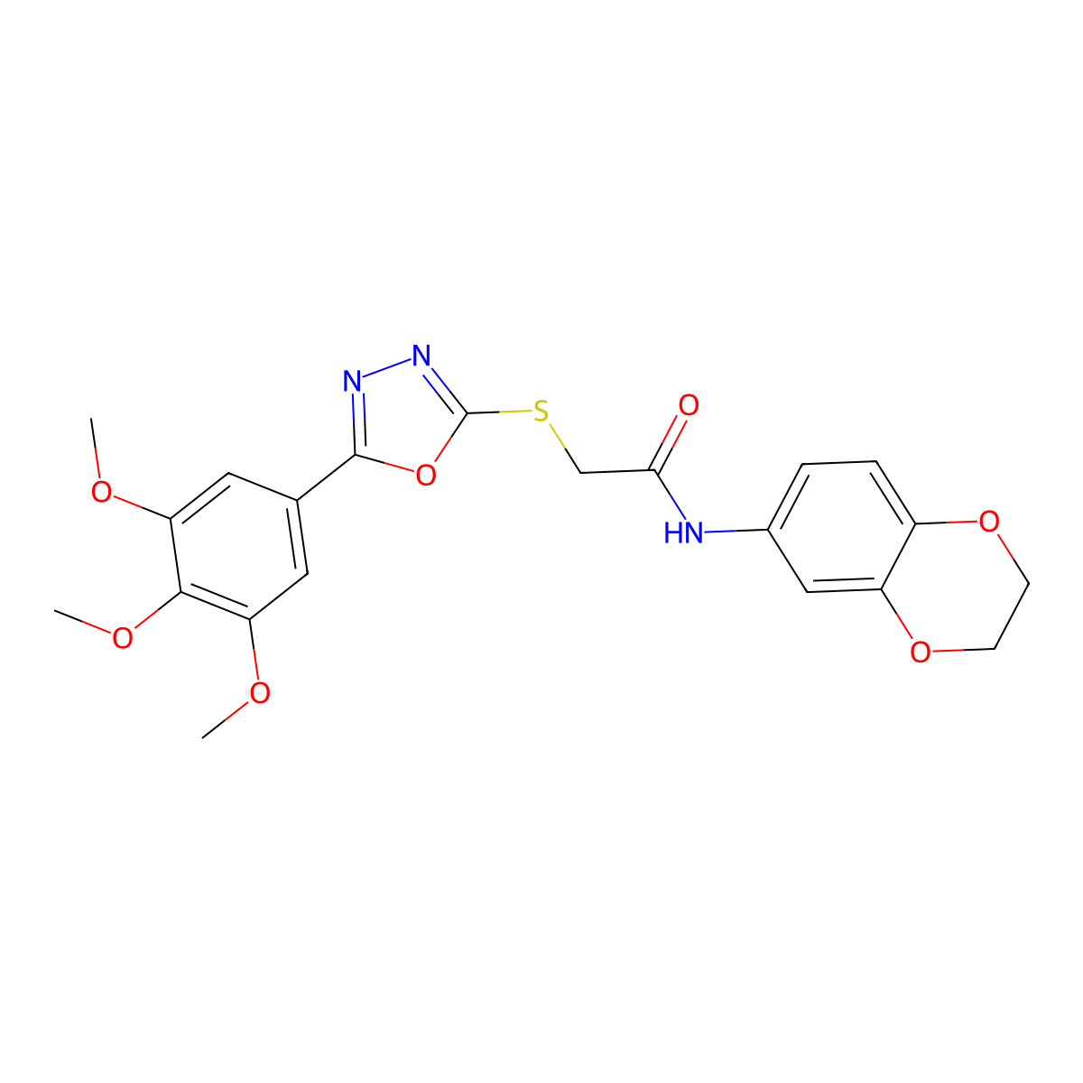 N-(2,3-dihydrobenzo[b][1,4]dioxin-6-yl)-2-((5-(3,4,5-trimethoxyphenyl)-1,3,4-oxadiazol-2-yl)thio)acetamide molecular structure, CAS 568558-66-7