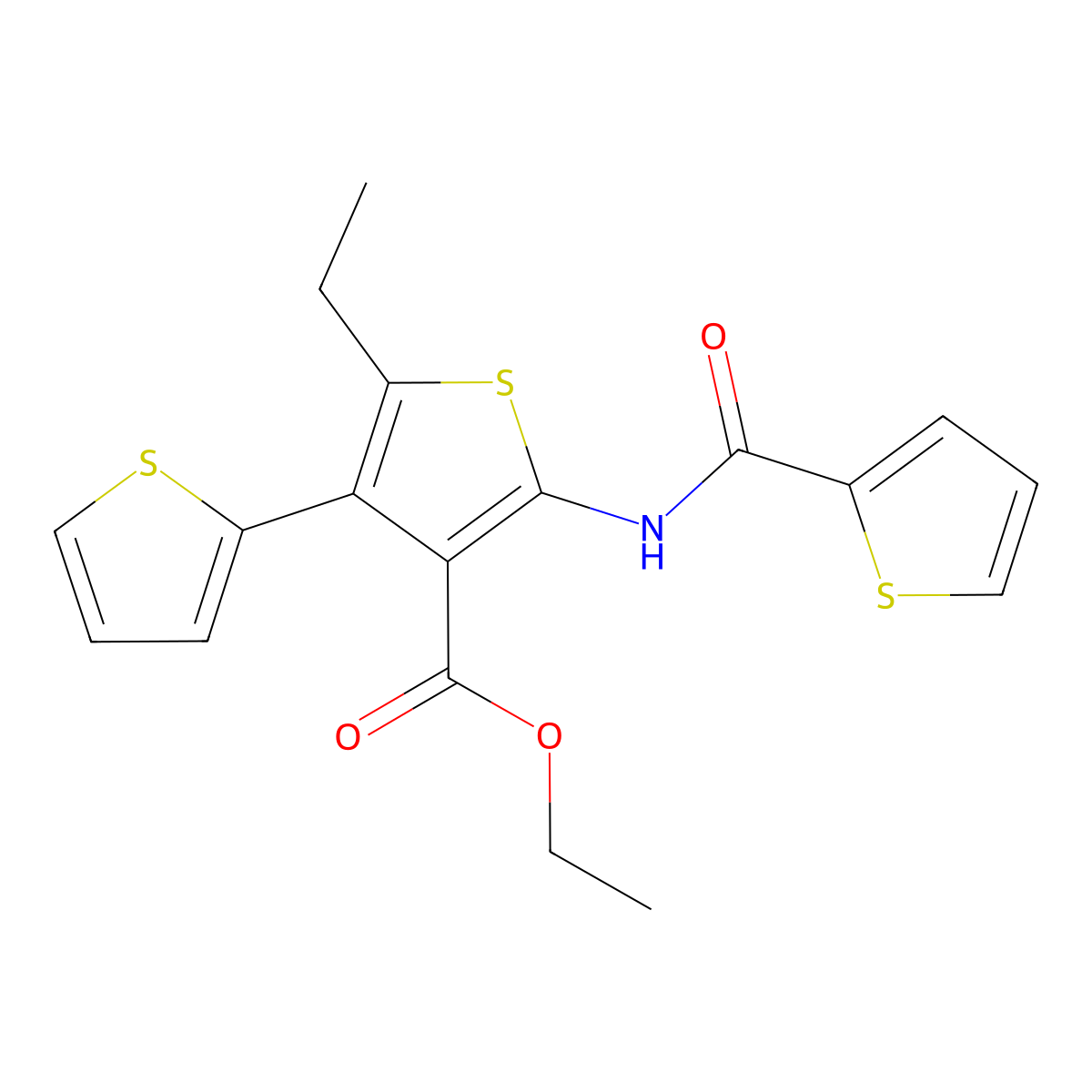 Ethyl 5-ethyl-2-(thiophene-2-carbonylamino)-4-thiophen-2-ylthiophene-3-carboxylate molecular structure, CAS 568559-15-9