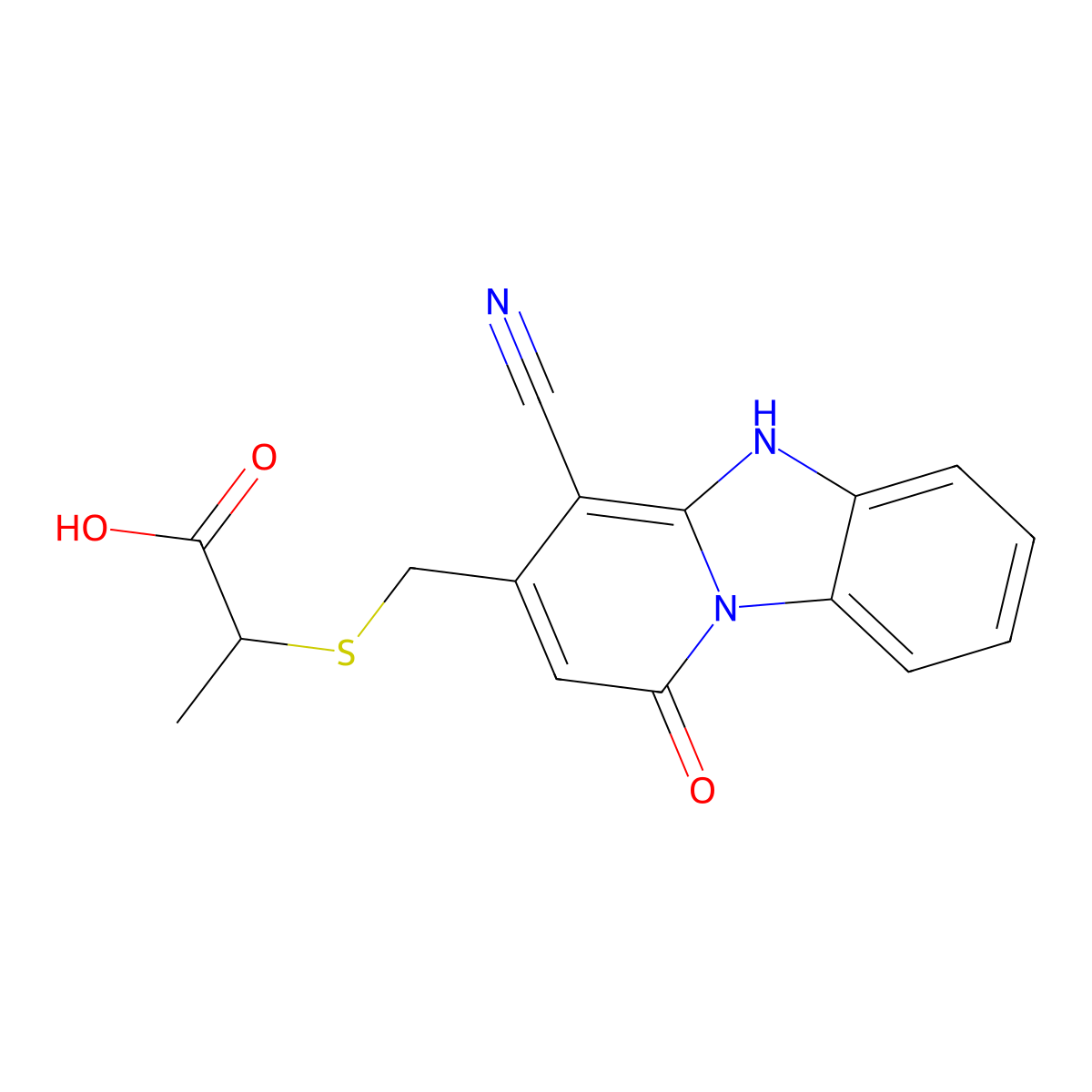 2-[({10-Cyano-13-oxo-1,8-diazatricyclo[7.4.0.0,2,7]trideca-2,4,6,9,11-pentaen-11-yl}methyl)sulfanyl]propanoic acid molecular structure, CAS 568567-39-5
