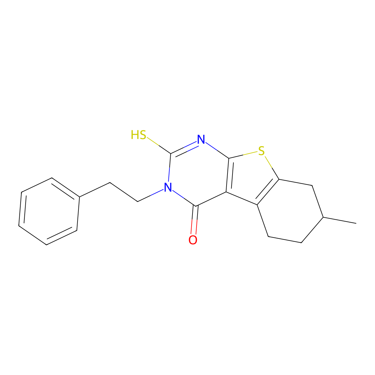 7-methyl-3-(2-phenylethyl)-2-sulfanyl-5,6,7,8-tetrahydro[1]benzothieno[2,3-d]pyrimidin-4(3H)-one molecular structure, CAS 568568-58-1