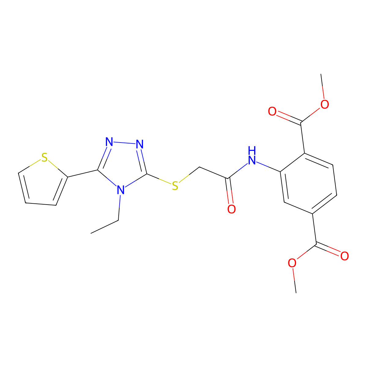 dimethyl 2-[({[4-ethyl-5-(thiophen-2-yl)-4H-1,2,4-triazol-3-yl]sulfanyl}acetyl)amino]benzene-1,4-dicarboxylate molecular structure, CAS 568574-90-3